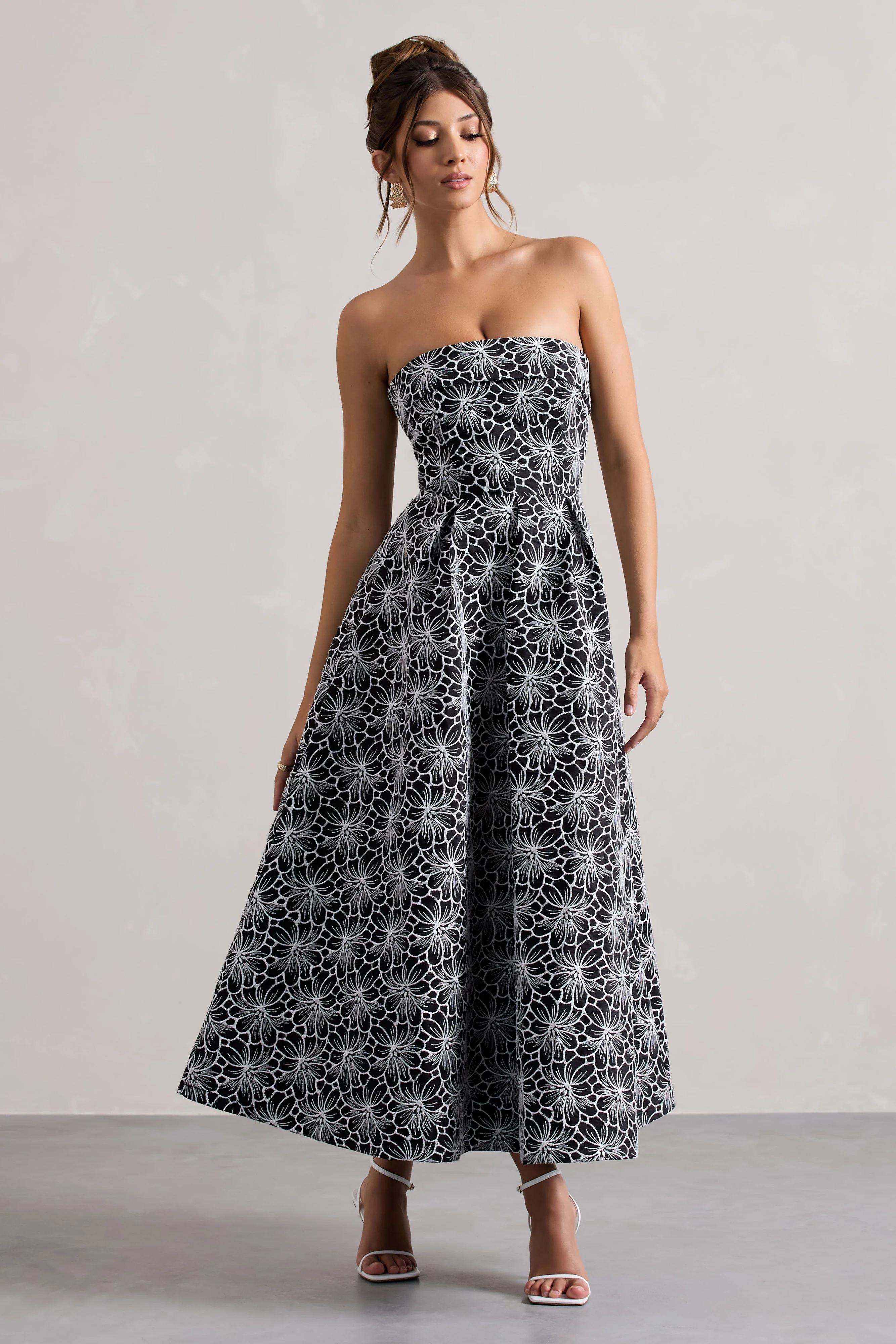 Black Lace Strapless Midi Dress