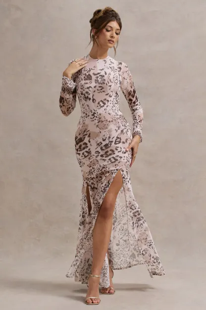 Leopard Print Mesh Long-Sleeve Open-Back Maxi Dress