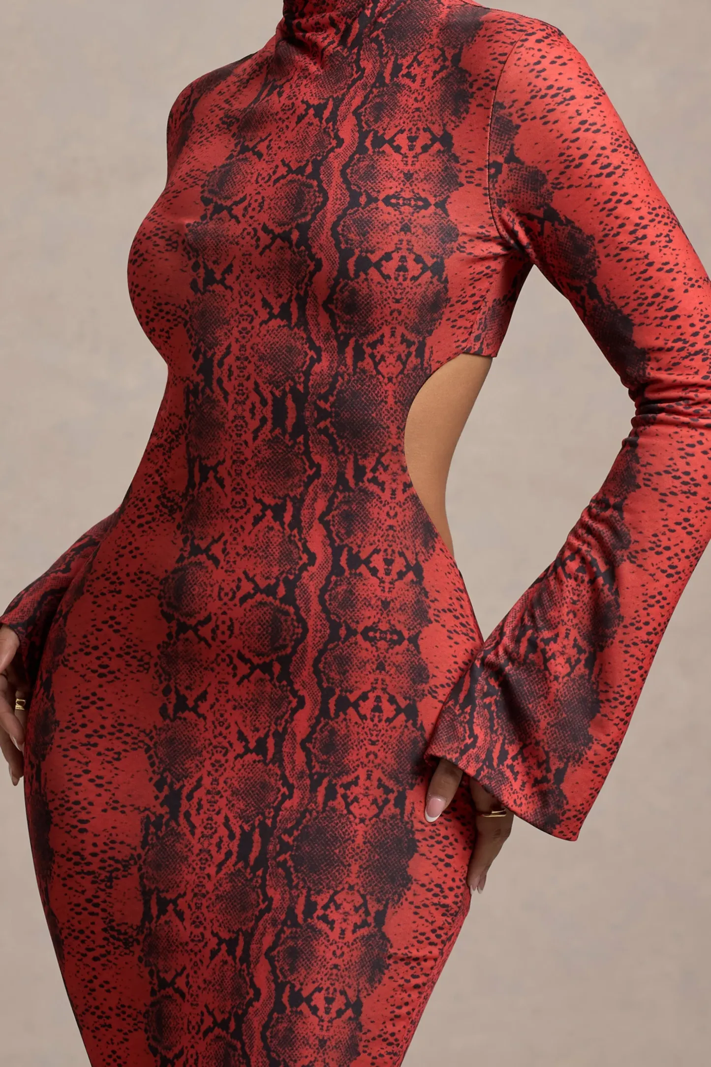 Red Snake Print High-Neck Cut-Out Maxi Dress