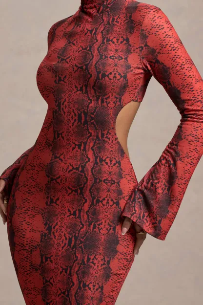 Red Snake Print High-Neck Cut-Out Maxi Dress