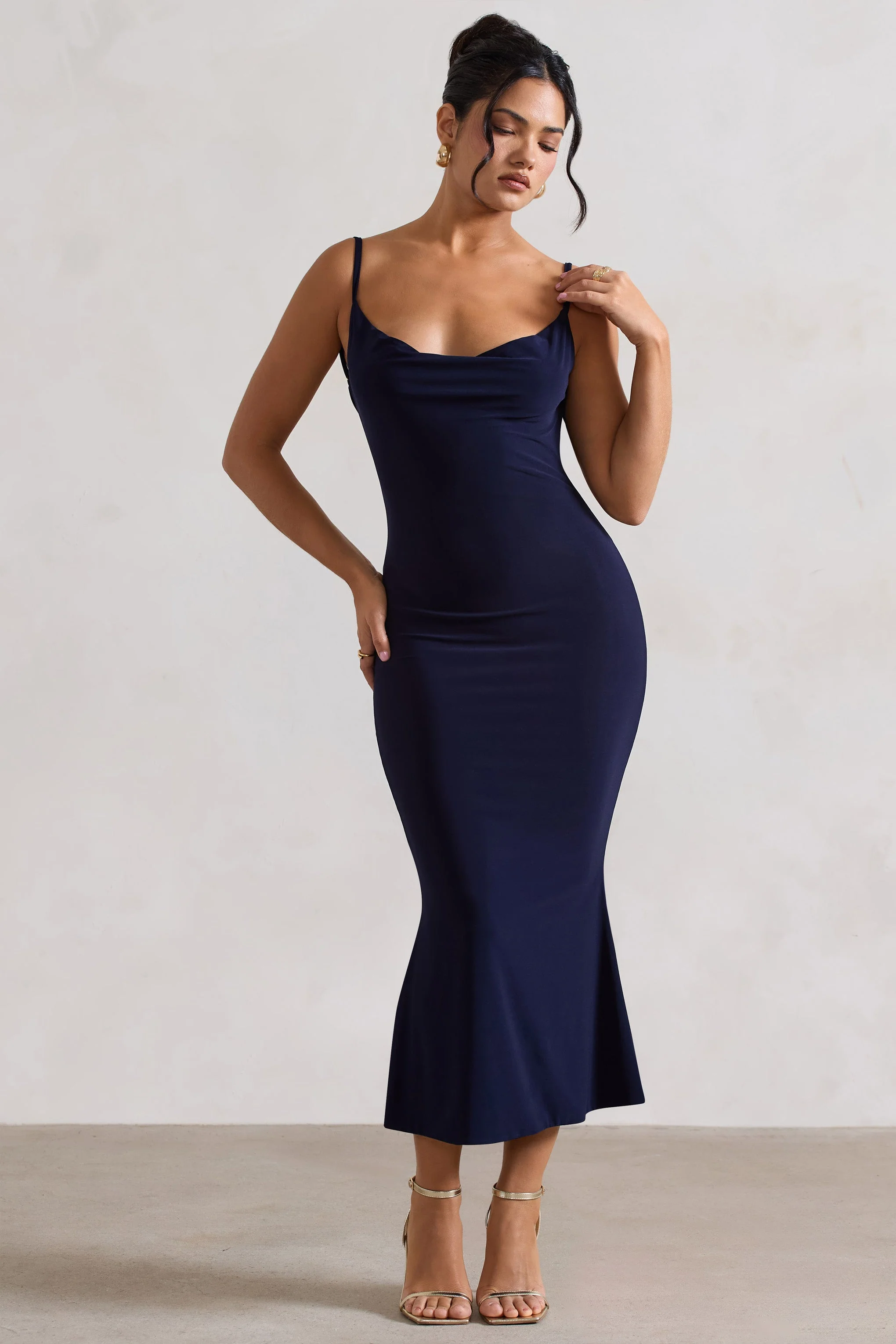Navy Cowl-Neck Open-Back Midi Dress With Lace