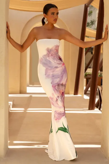 Pink Floral Print Bandeau Fishtail Maxi Dress