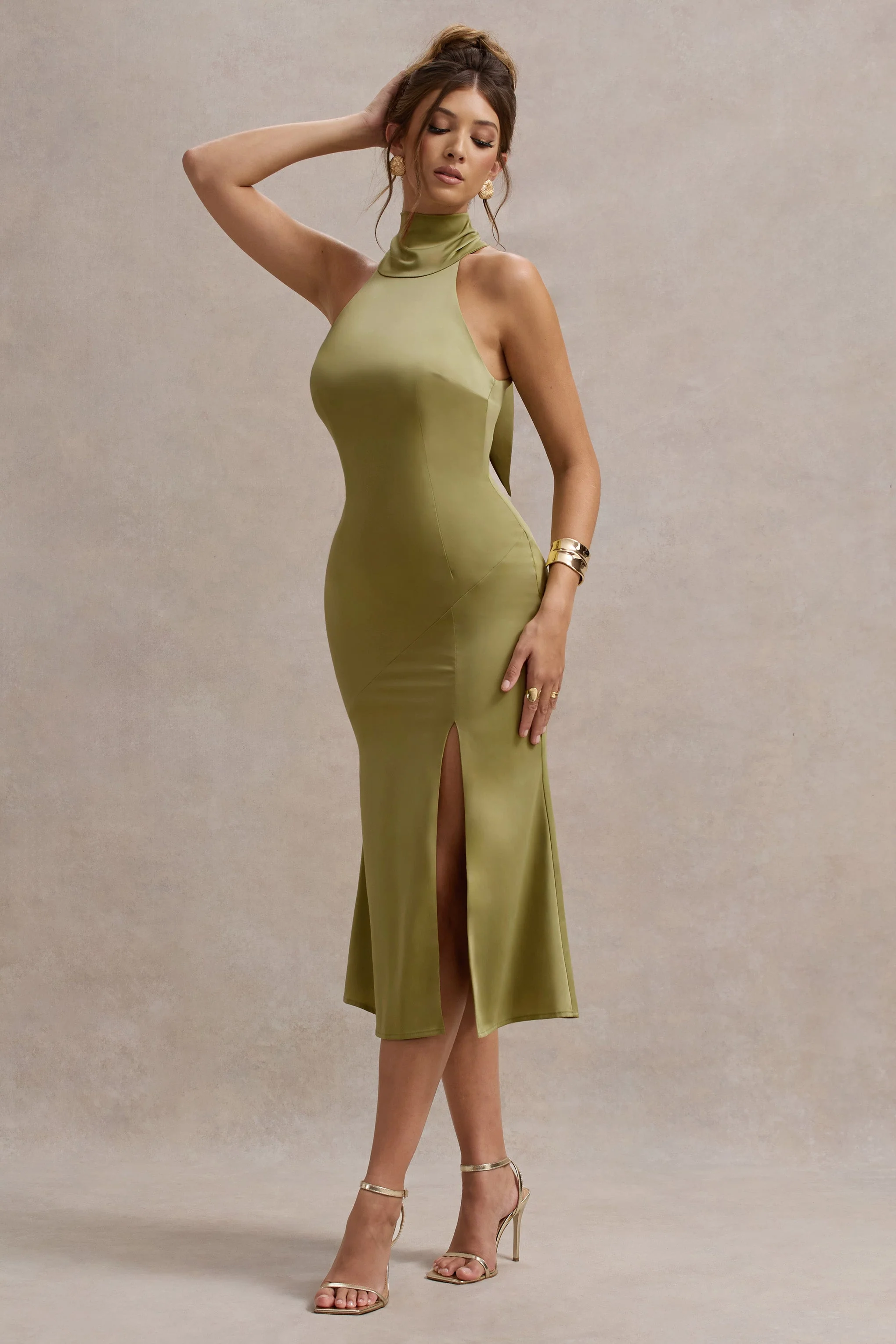 Olive Satin High-Neck Split Midi Dress