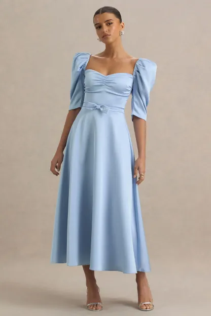 Powder Blue Satin Sweetheart Midi Dress