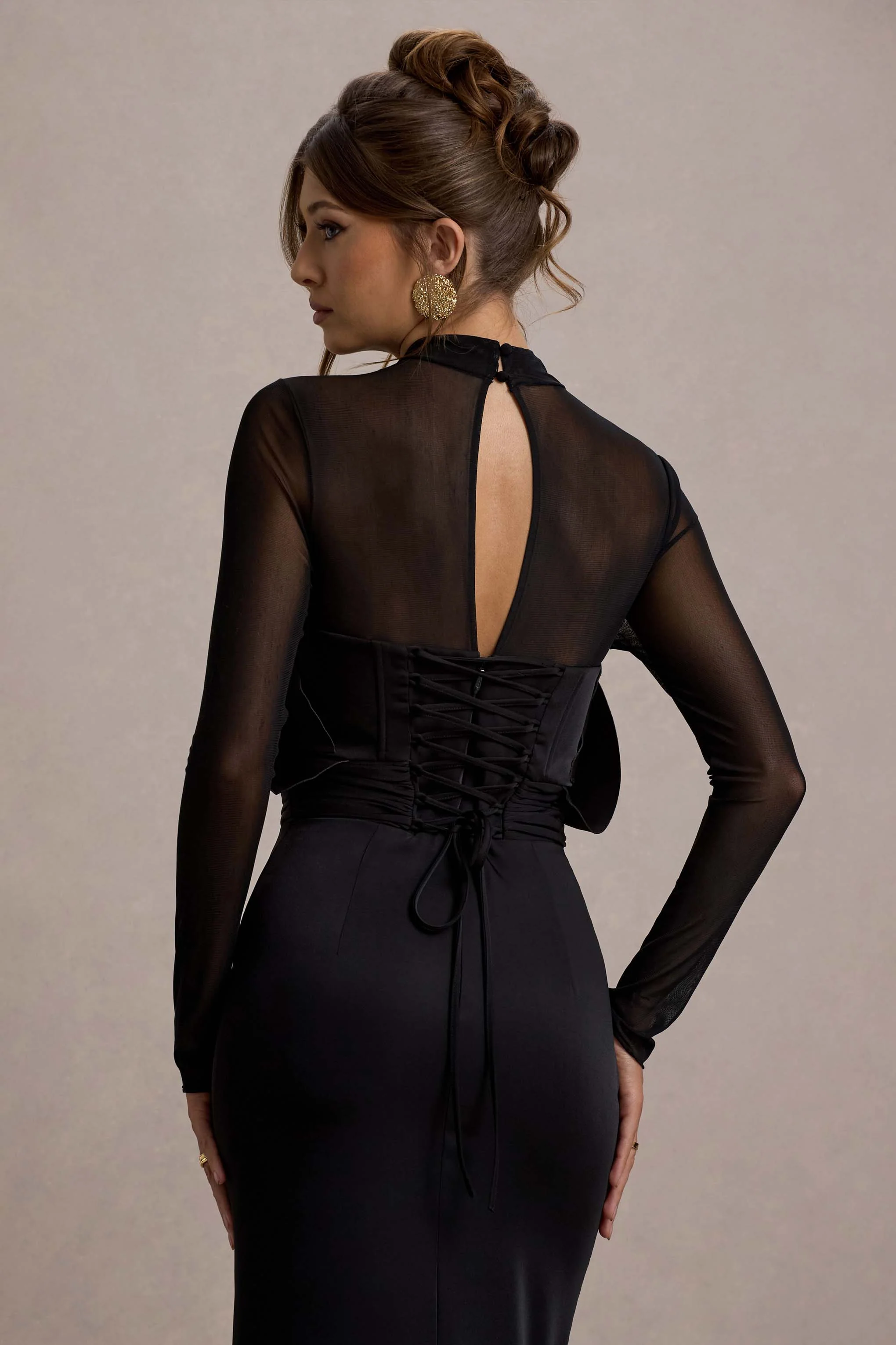 Black Mesh Long-Sleeve Ruffled Split Maxi Dress