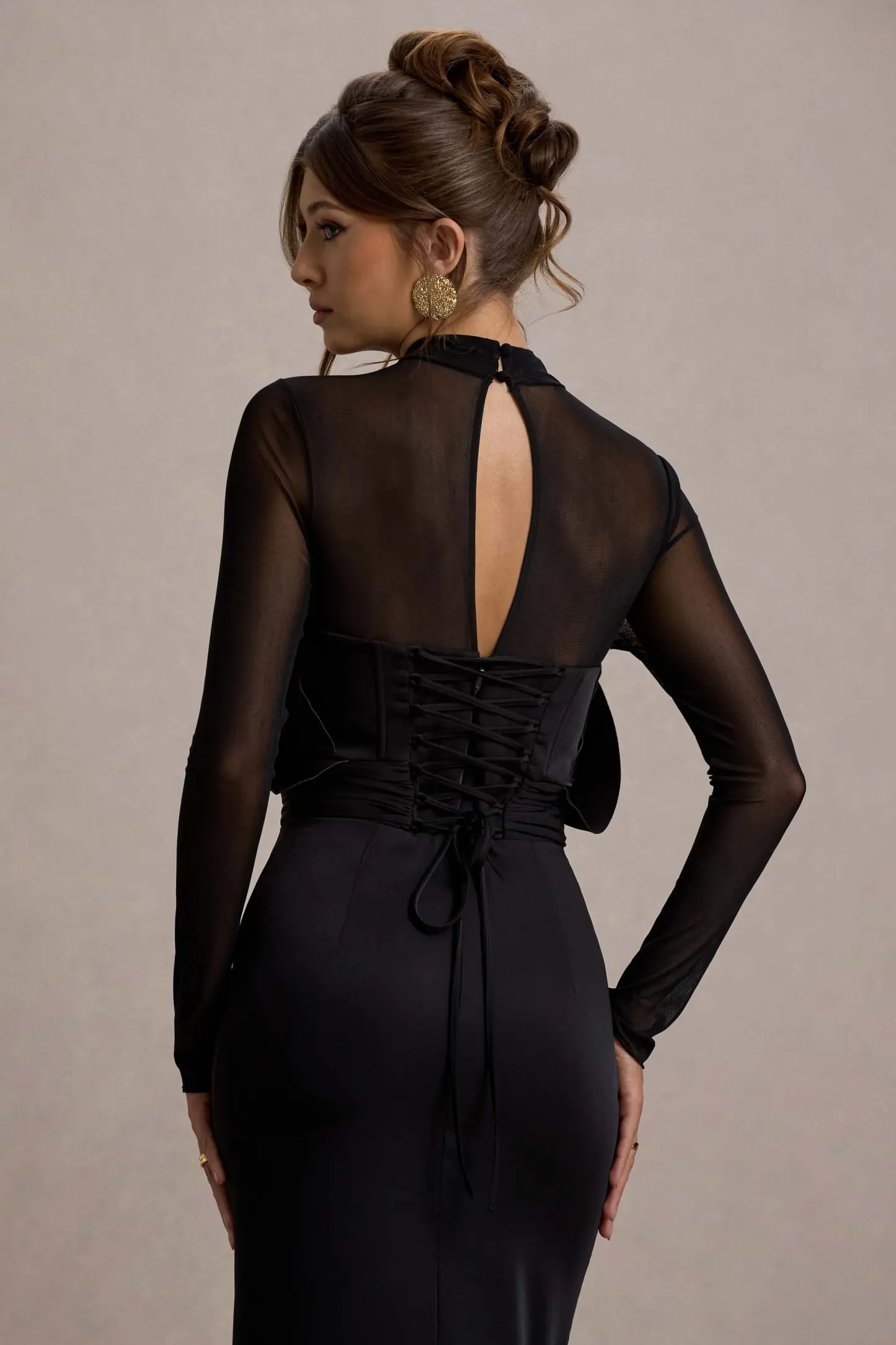 Black Mesh Long-Sleeve Ruffled Split Maxi Dress