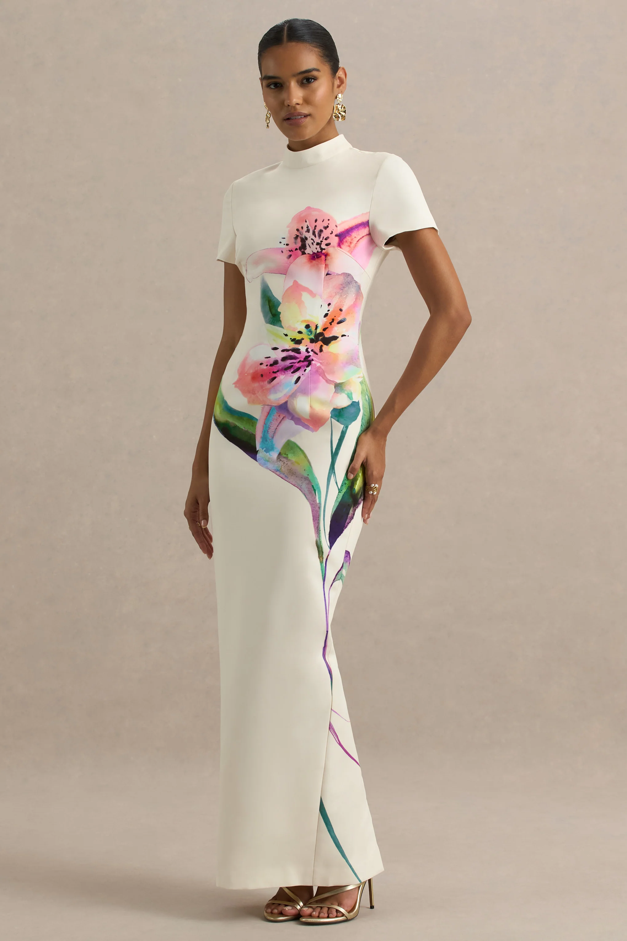 White Lily Print High-Neck Maxi Dress