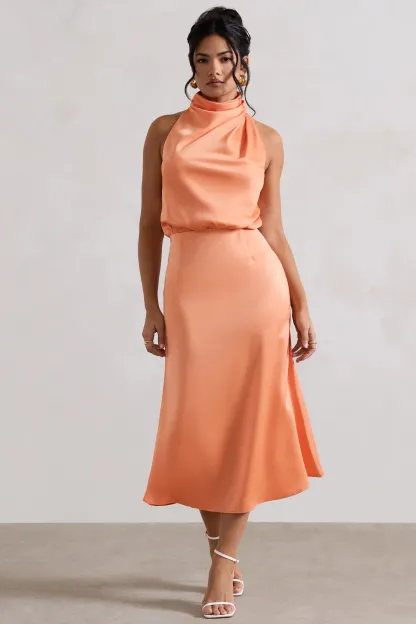 Peach Satin Twisted High-Neck Midi Dress
