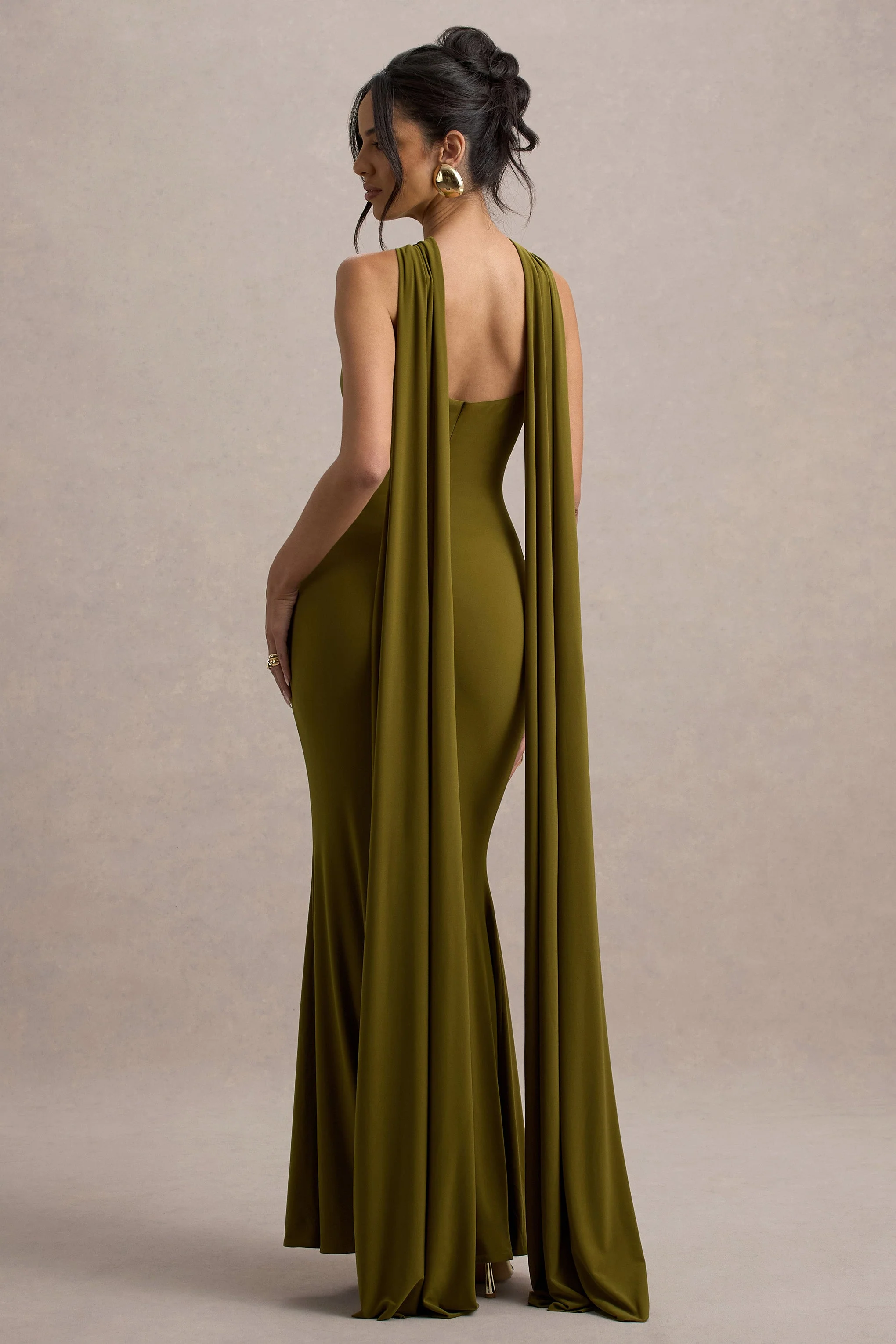 Green Twist Halter-Neck Cape Maxi Dress
