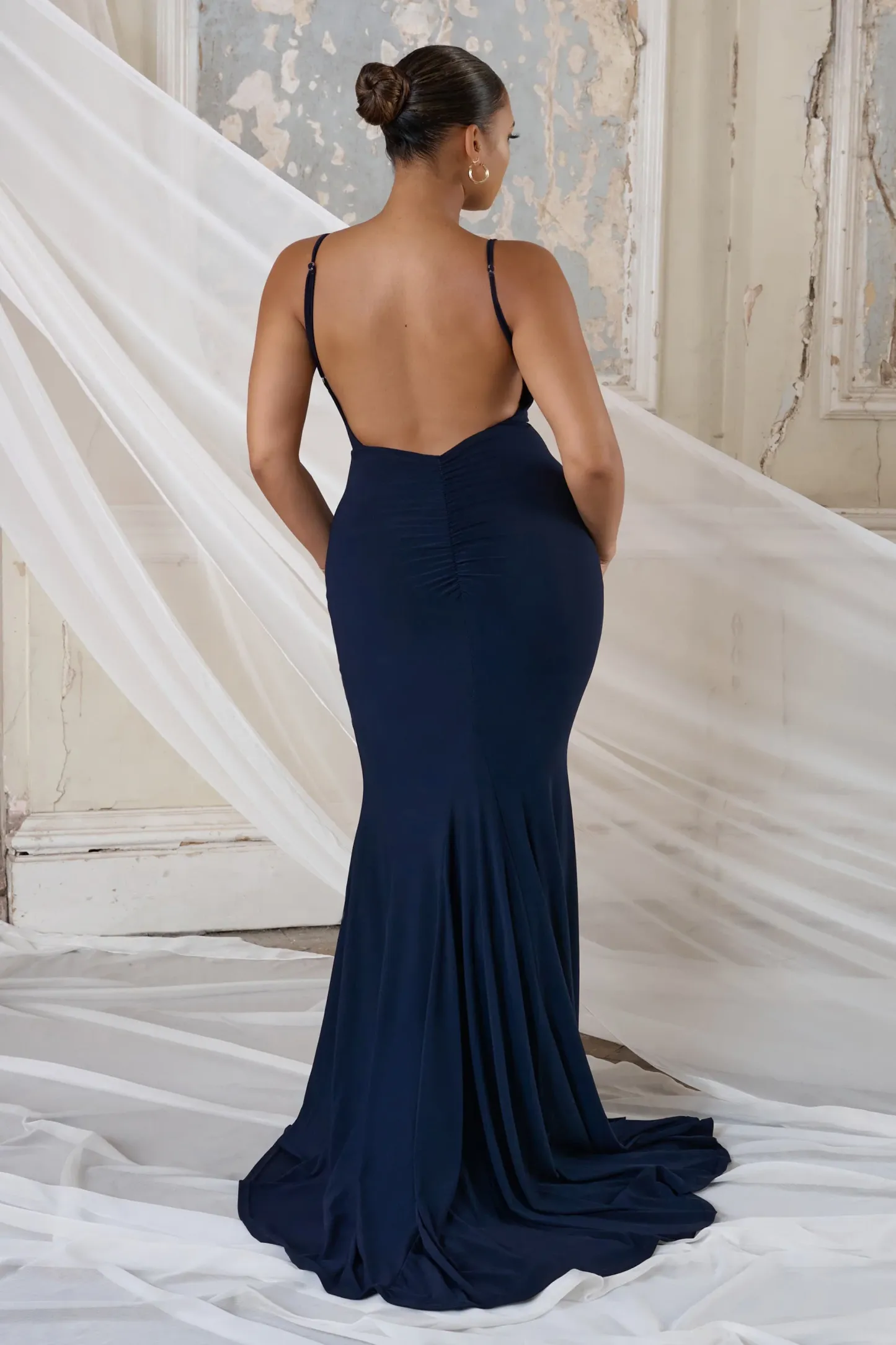 Navy Backless Bum Ruched Fishtail Maxi Dress