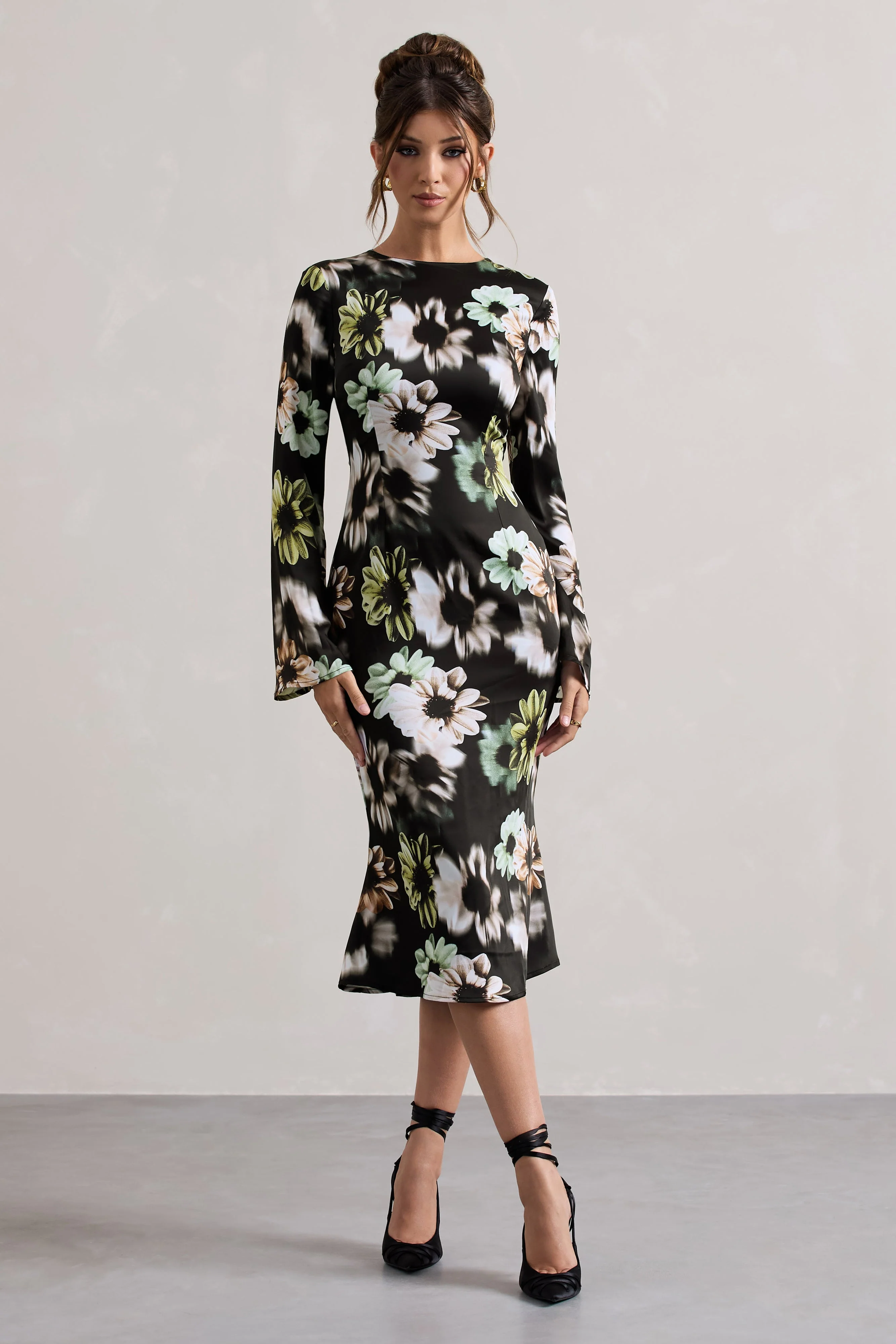 Black Floral Print Satin Long-Sleeve Midi Dress