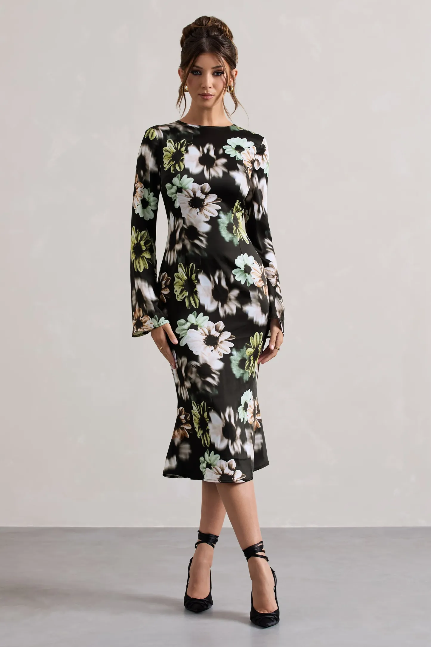 Black Floral Print Satin Long-Sleeve Midi Dress