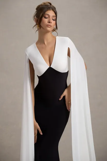 Black & White Plunge-Neck Maxi Dress With Cape Sleeves