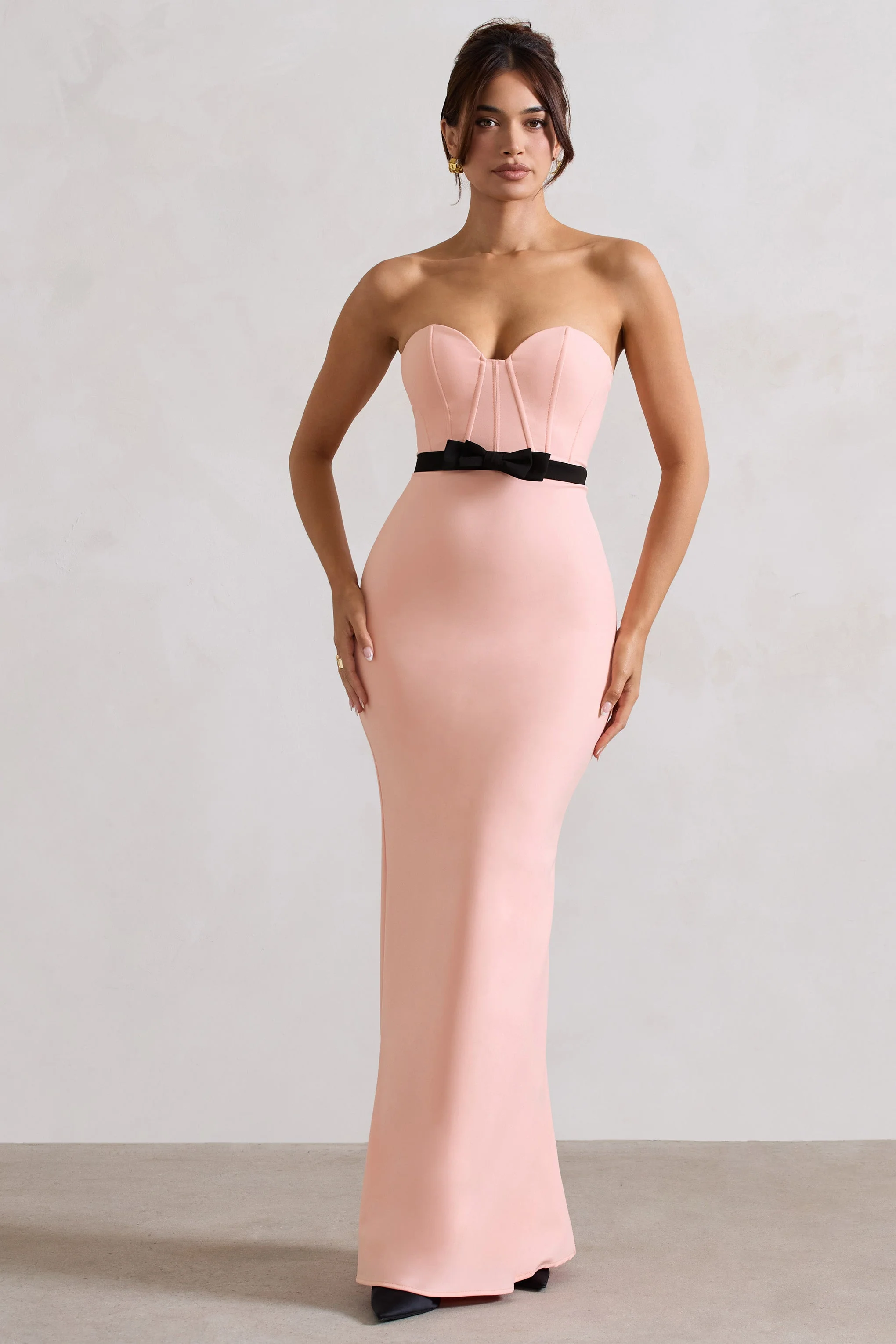 Pink Structured Strapless Corset Maxi Dress With Bow