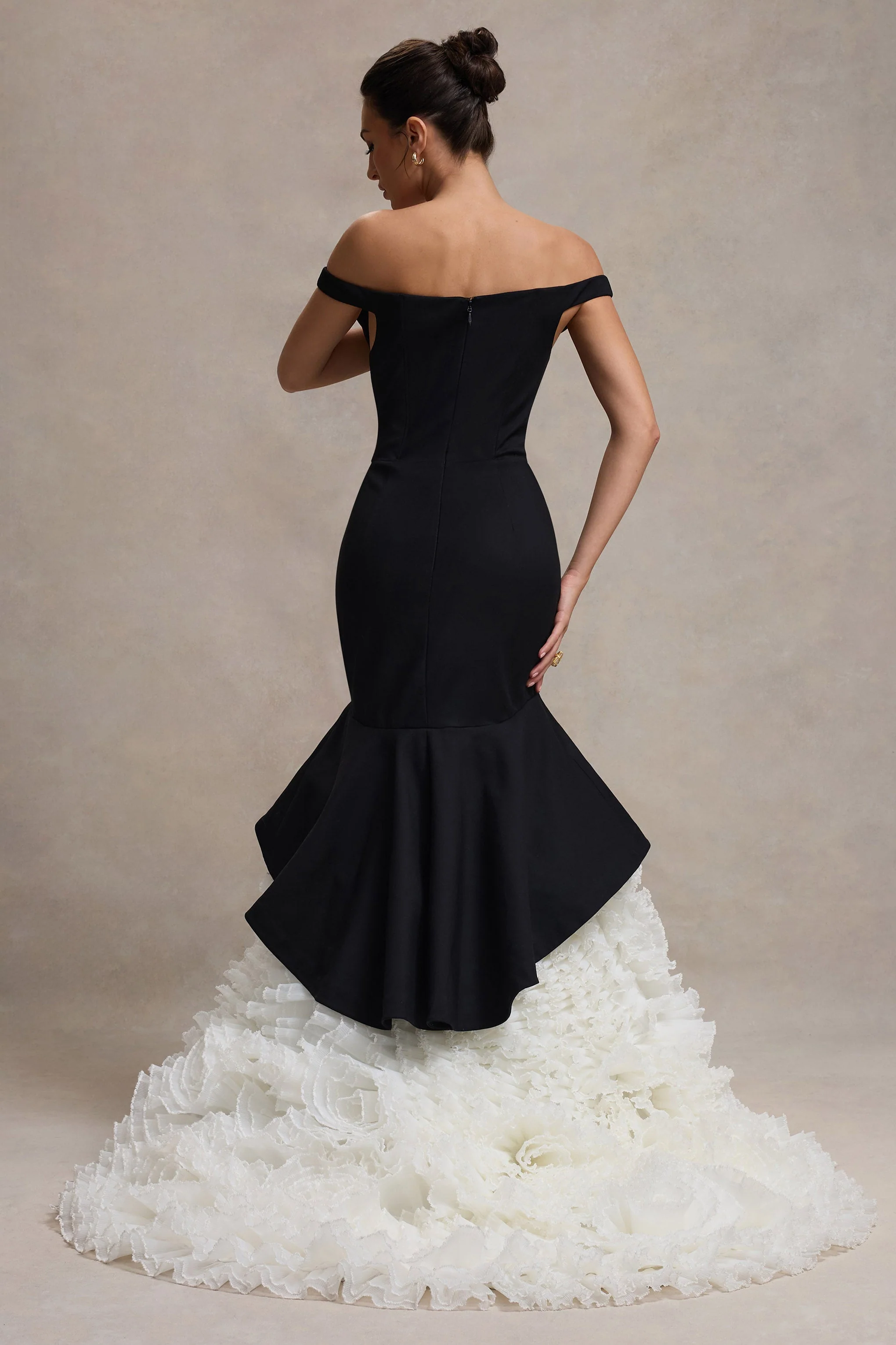 Black & Cream Bardot Maxi Dress With Tulle Skirt