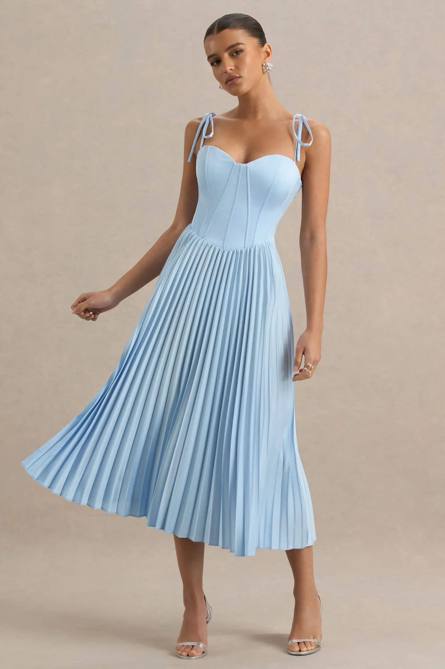 Powder Blue Satin Sweetheart-Neck Midi Dress With Pleated Details