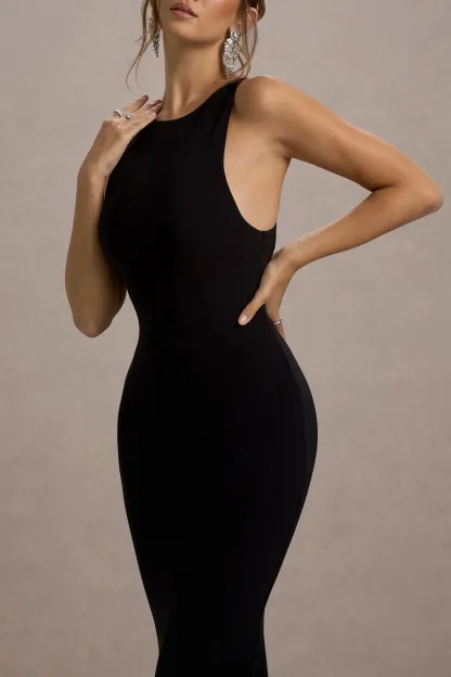 Black Boat-Neck Racer-Back Maxi Dress