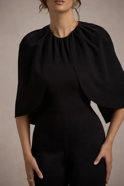 Black Cape-Sleeve Straight-Leg Jumpsuit
