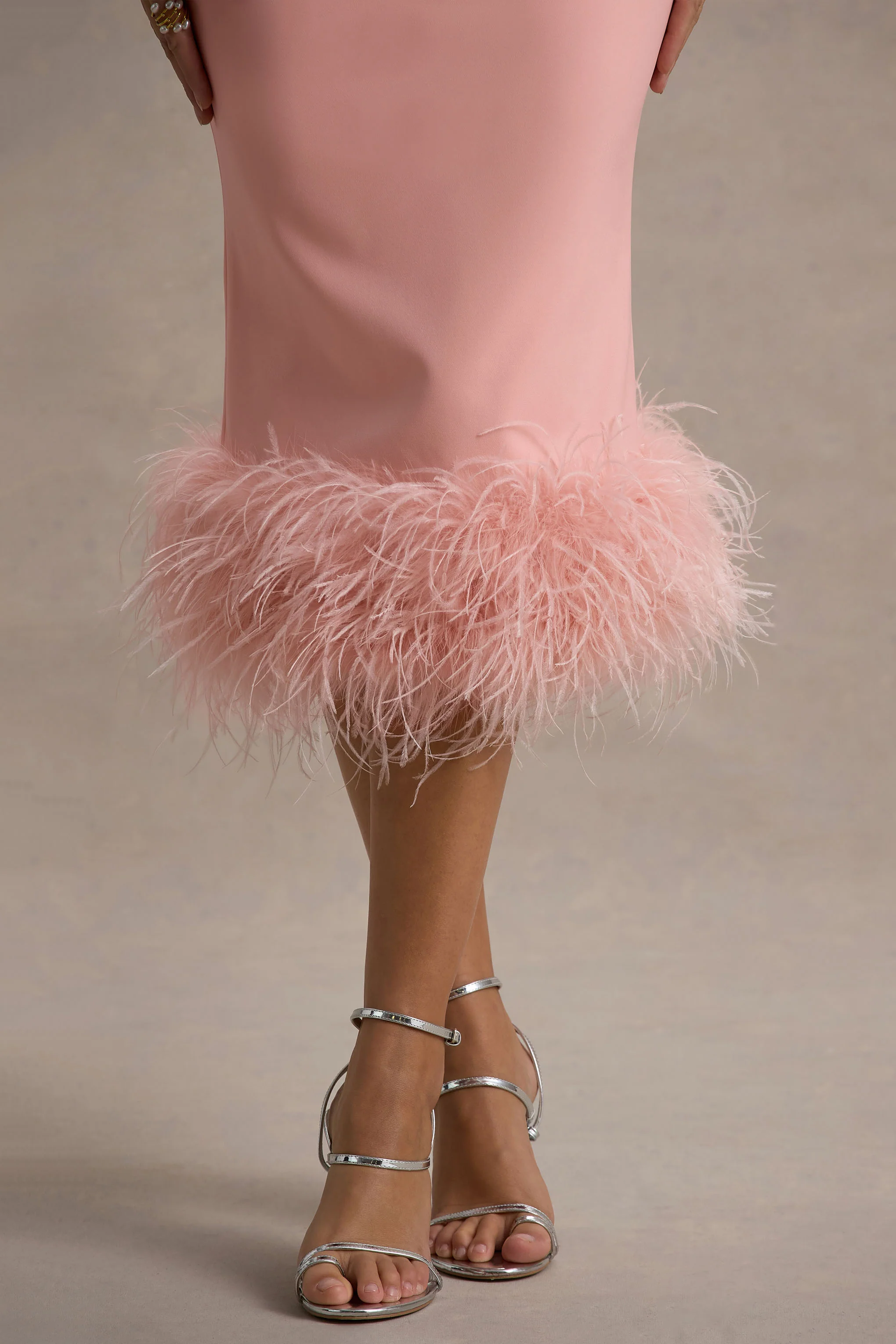 Pink Twist-Neck Feather Hem Midi Dress