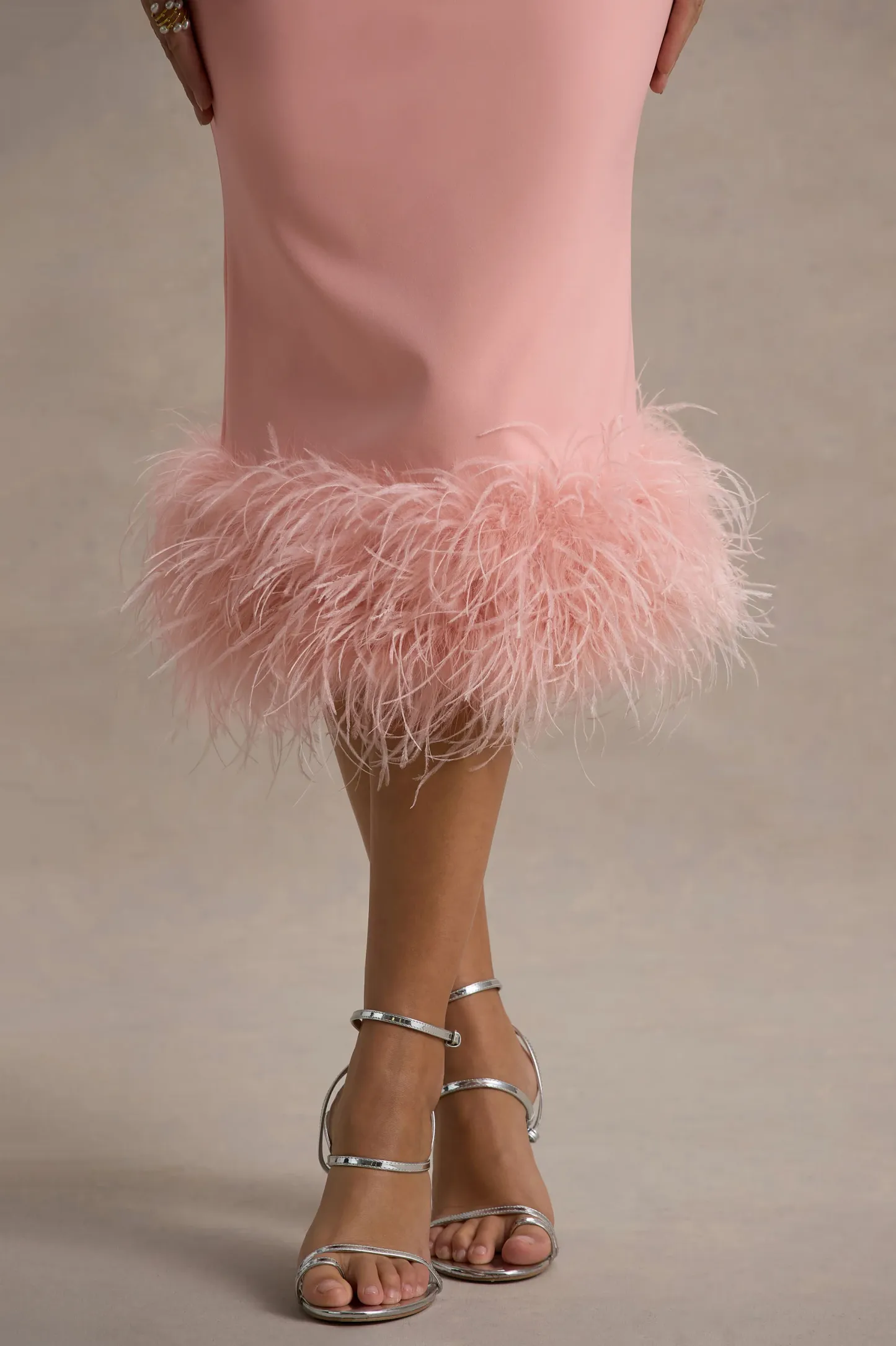 Pink Twist-Neck Feather Hem Midi Dress