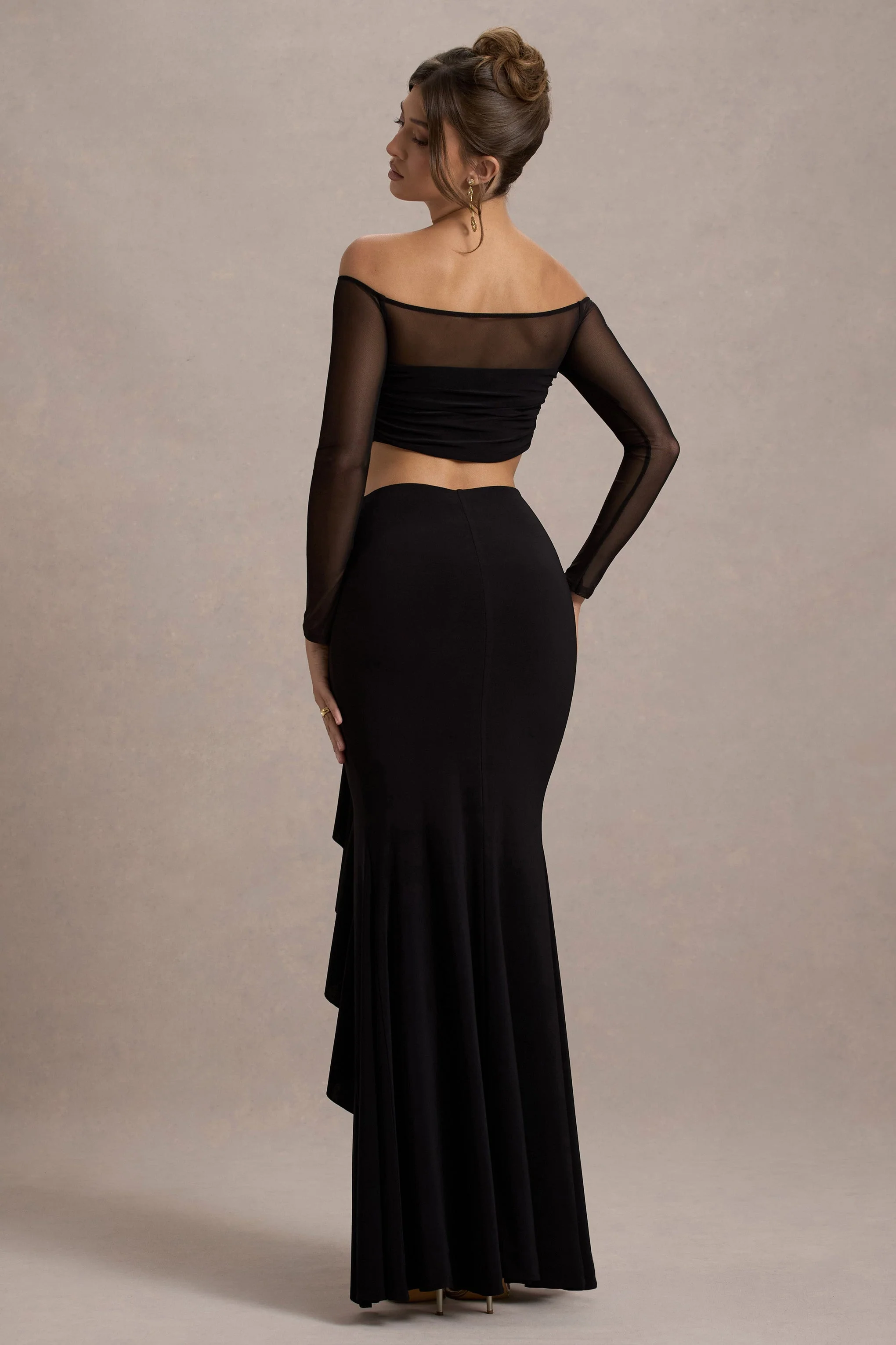 Black Ruched Split Maxi Skirt