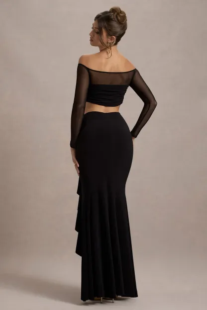 Black Ruched Split Maxi Skirt