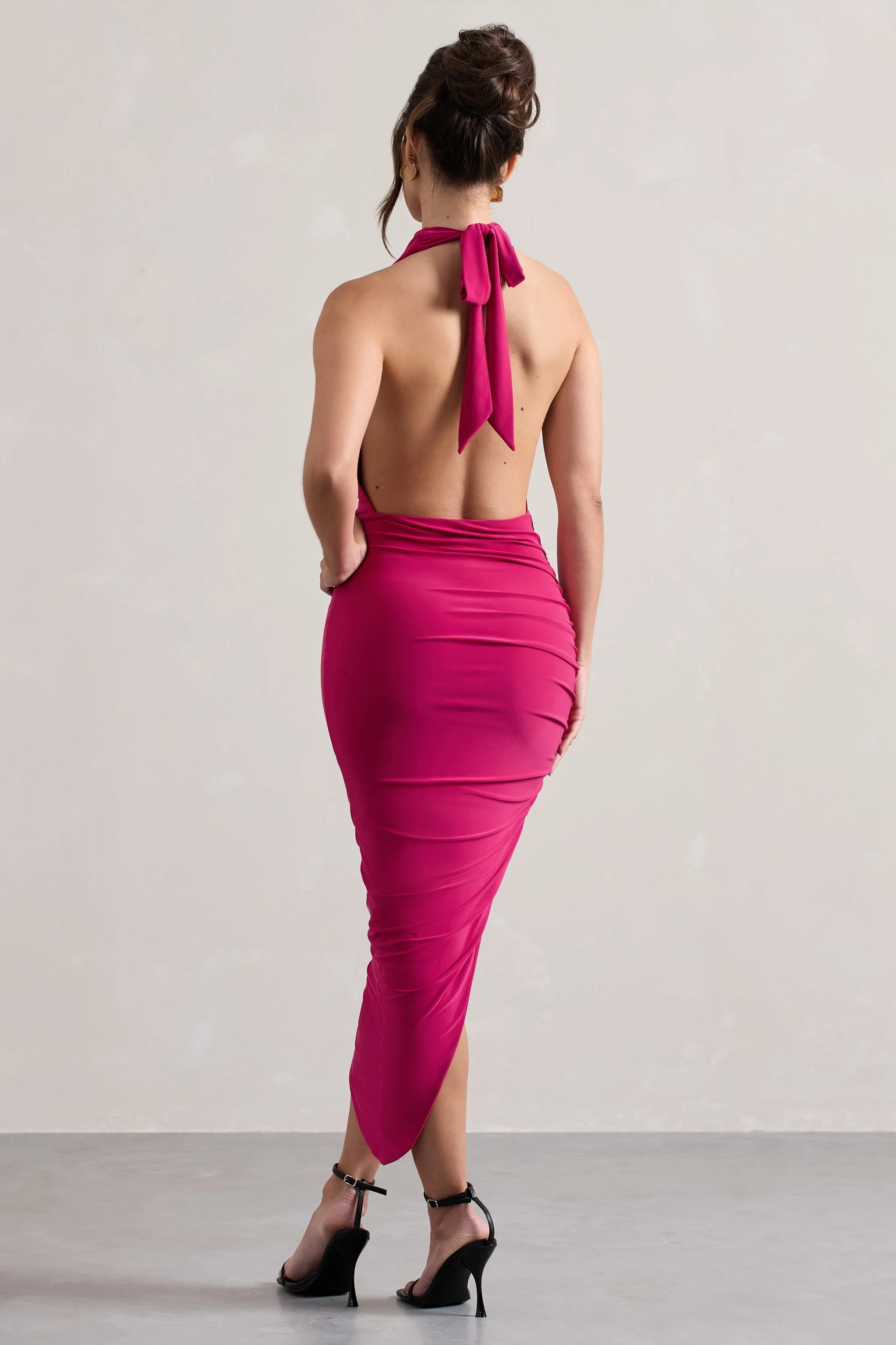 Hot Pink Cowl-Neck Asymmetric Maxi Dress