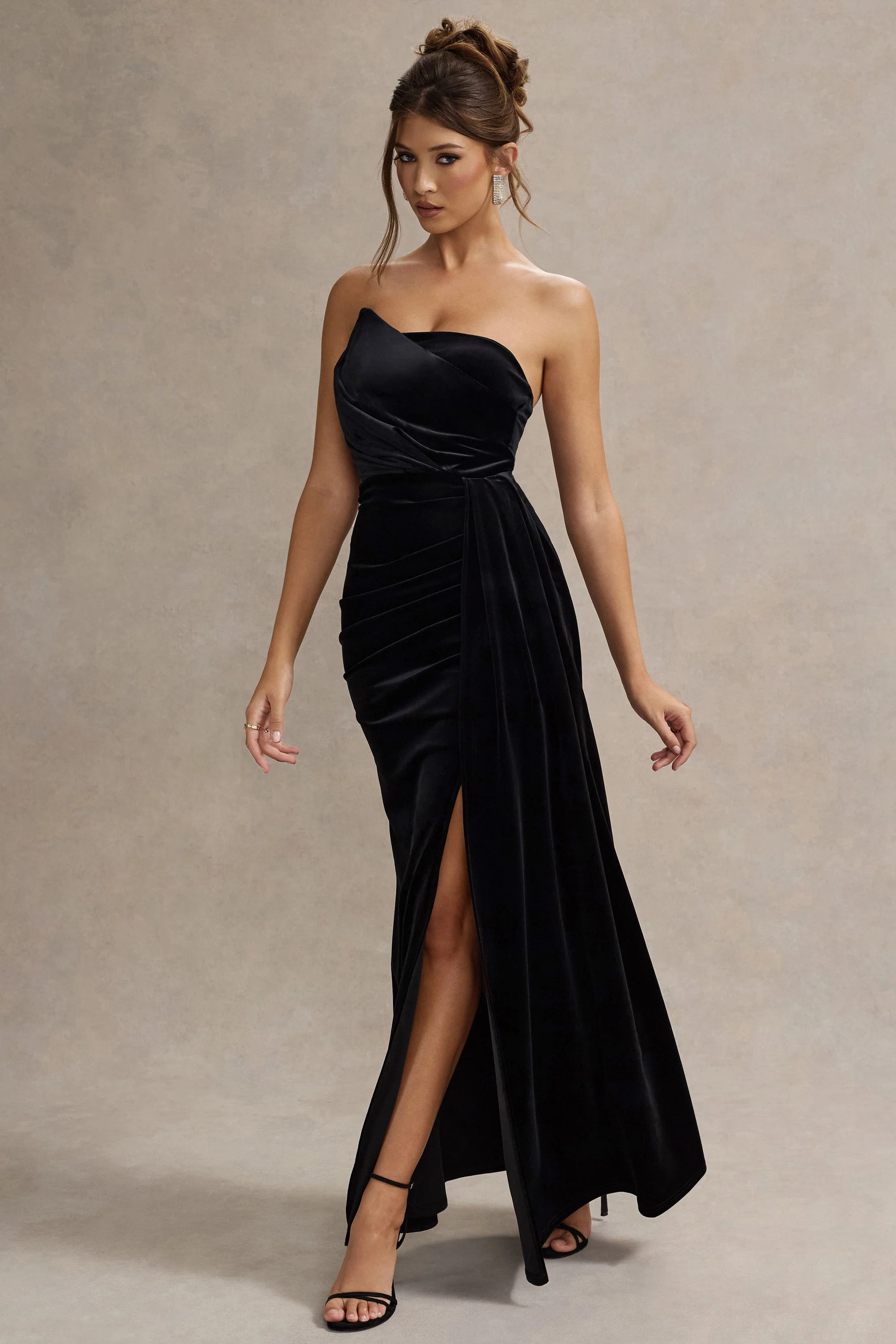 Black Velvet Strapless Draped Maxi Dress