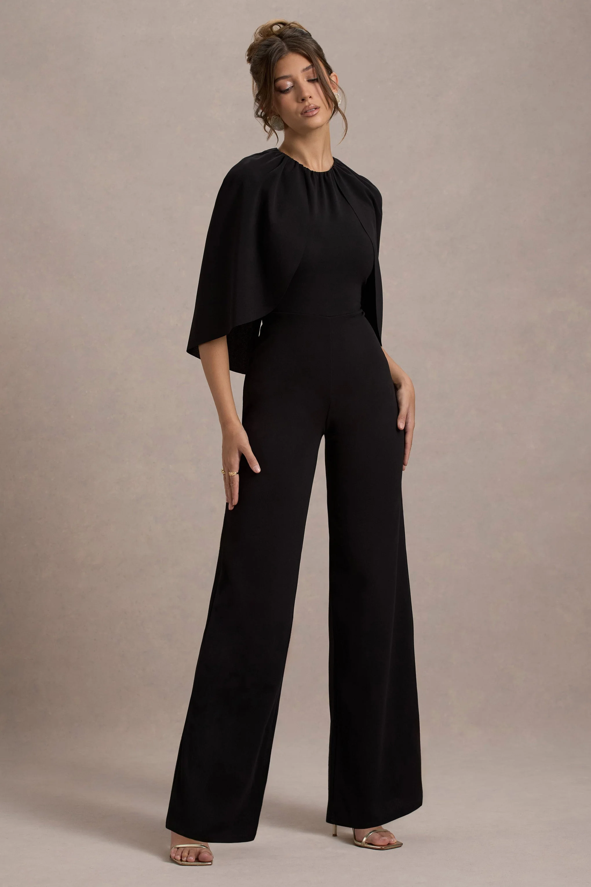 Black Cape-Sleeve Straight-Leg Jumpsuit