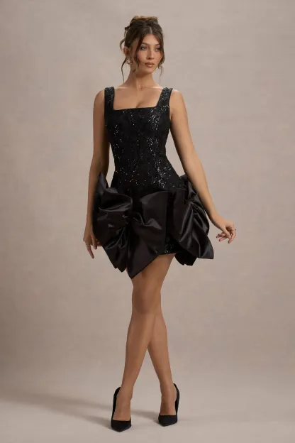 Black Lace Square-Neck Mini Dress With Bows