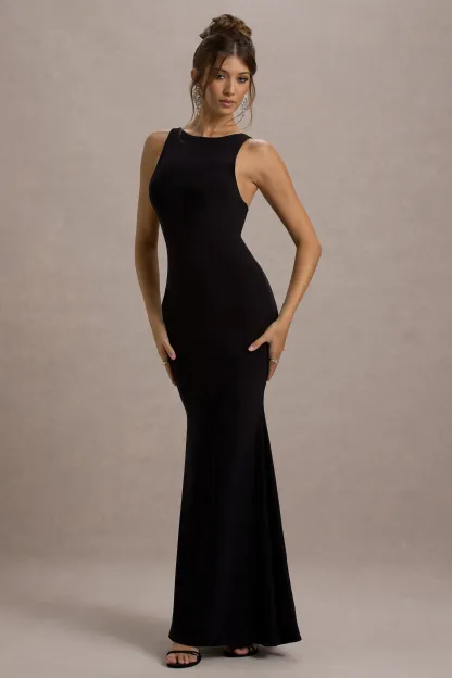 Black Boat-Neck Racer-Back Maxi Dress