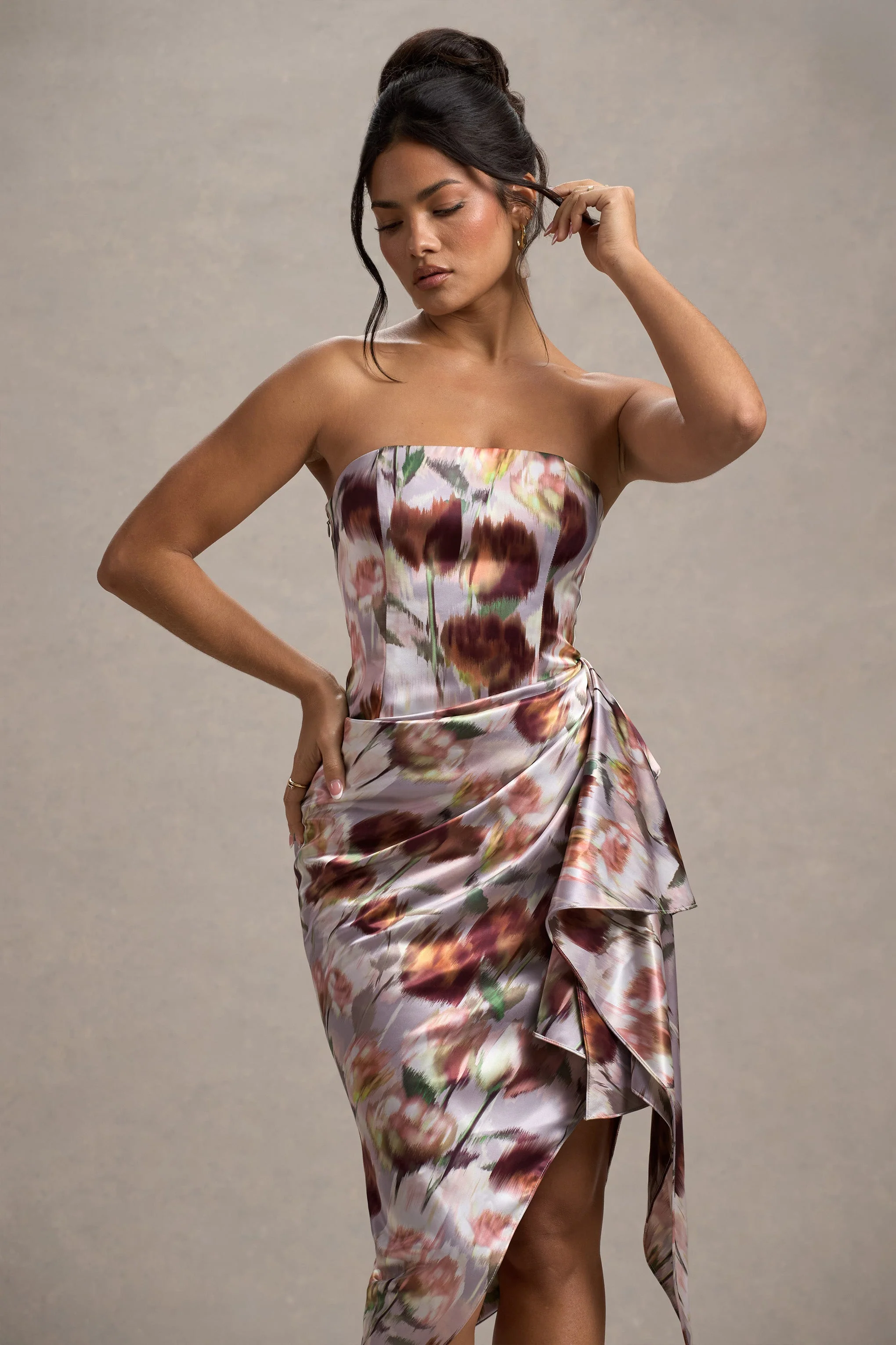 Cream Floral Print Satin Strapless Wrap Midi Dress