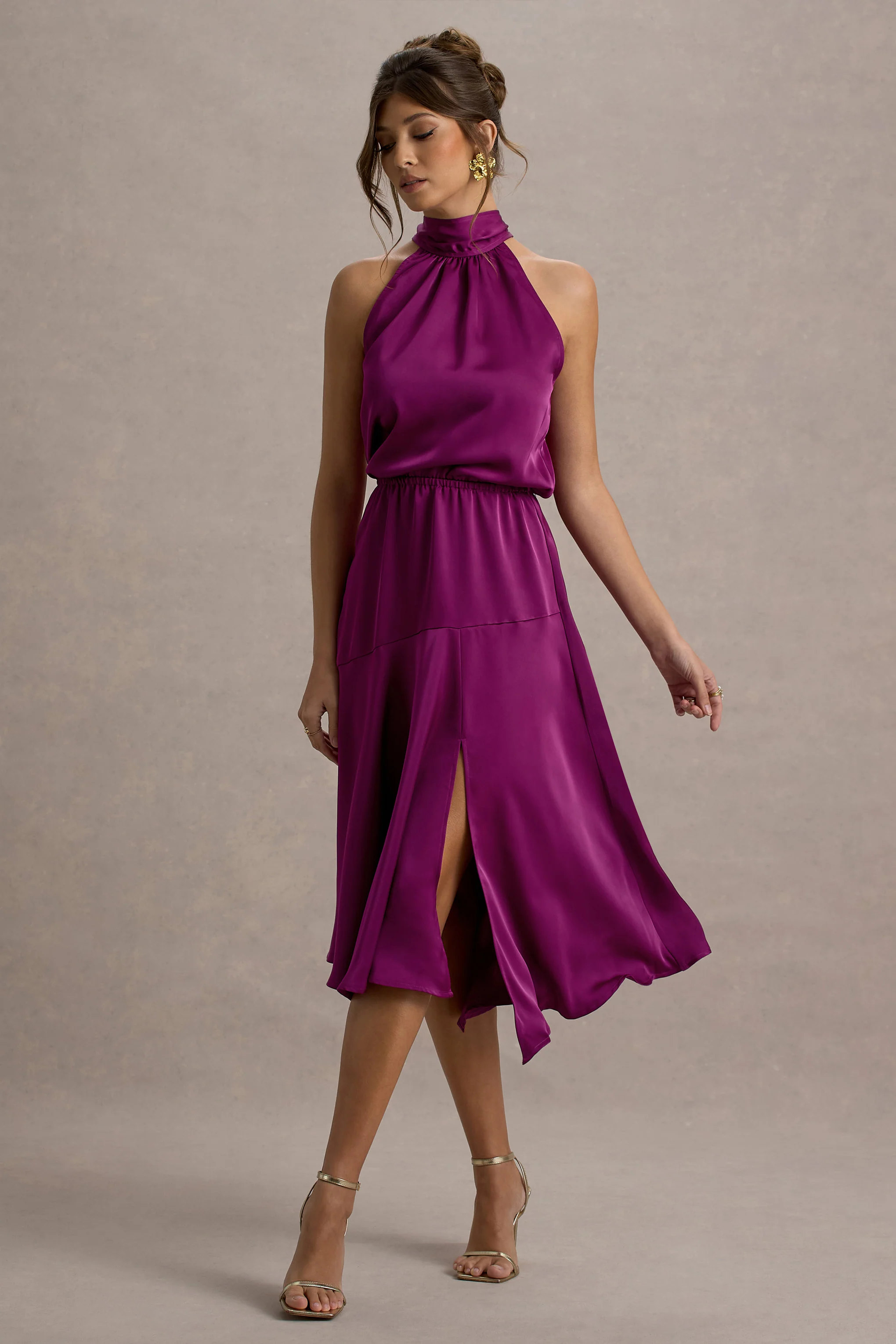 Dark Pink Satin High-Neck Split Midi Dress