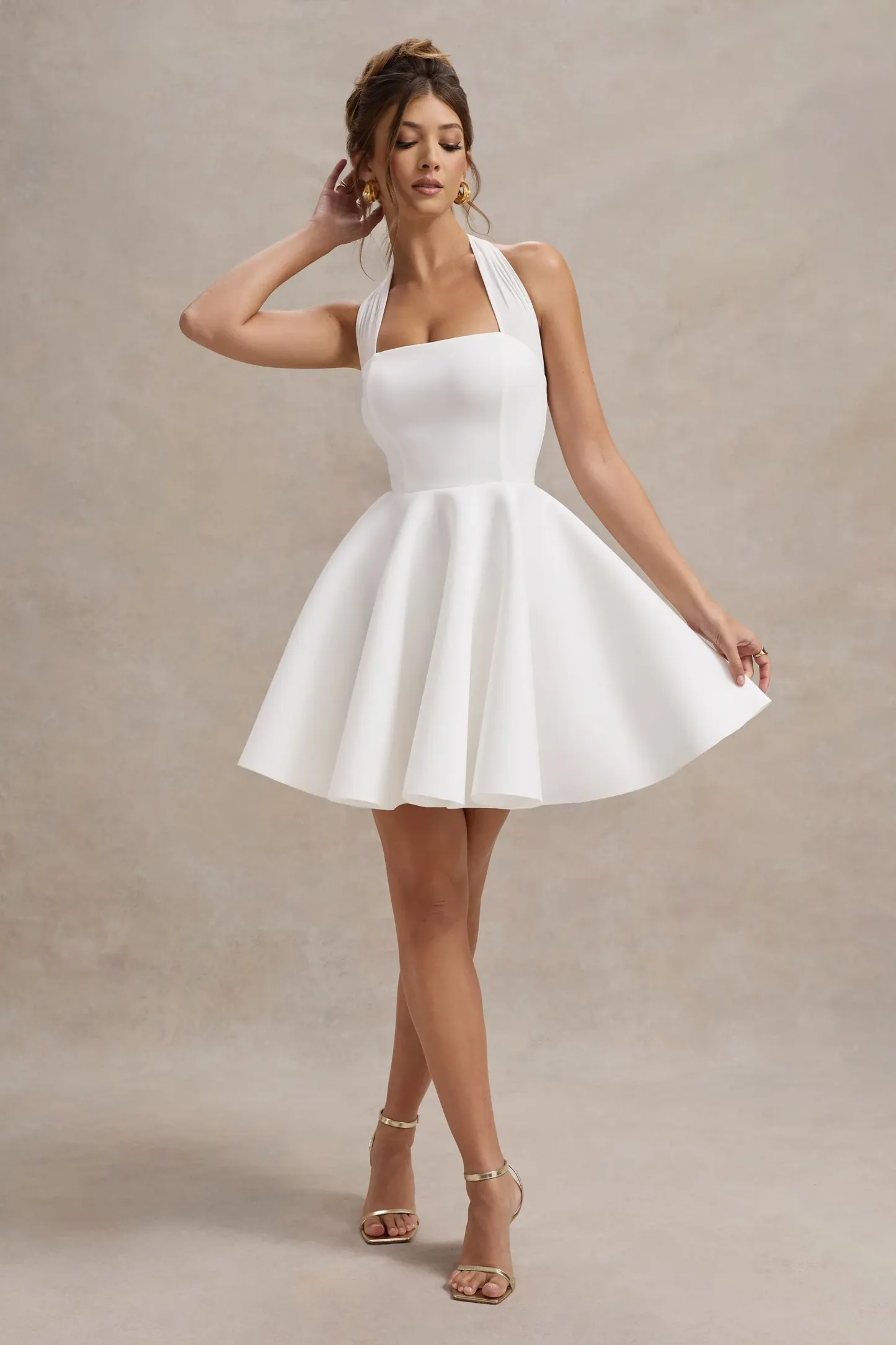 White Halter-Neck Skater Mini Dress