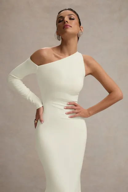 Cream One-Sleeve Asymmetric Maxi Dress