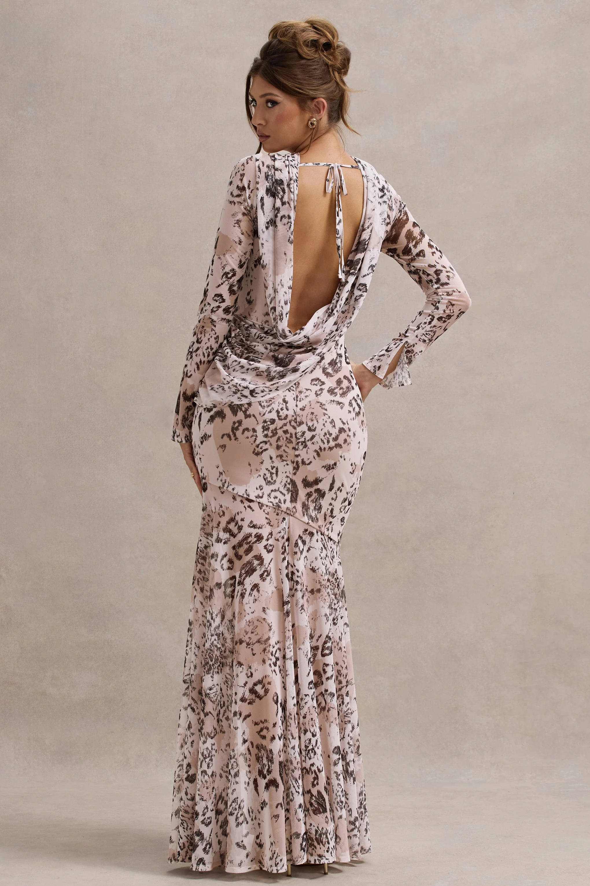 Leopard Print Mesh Long-Sleeve Open-Back Maxi Dress