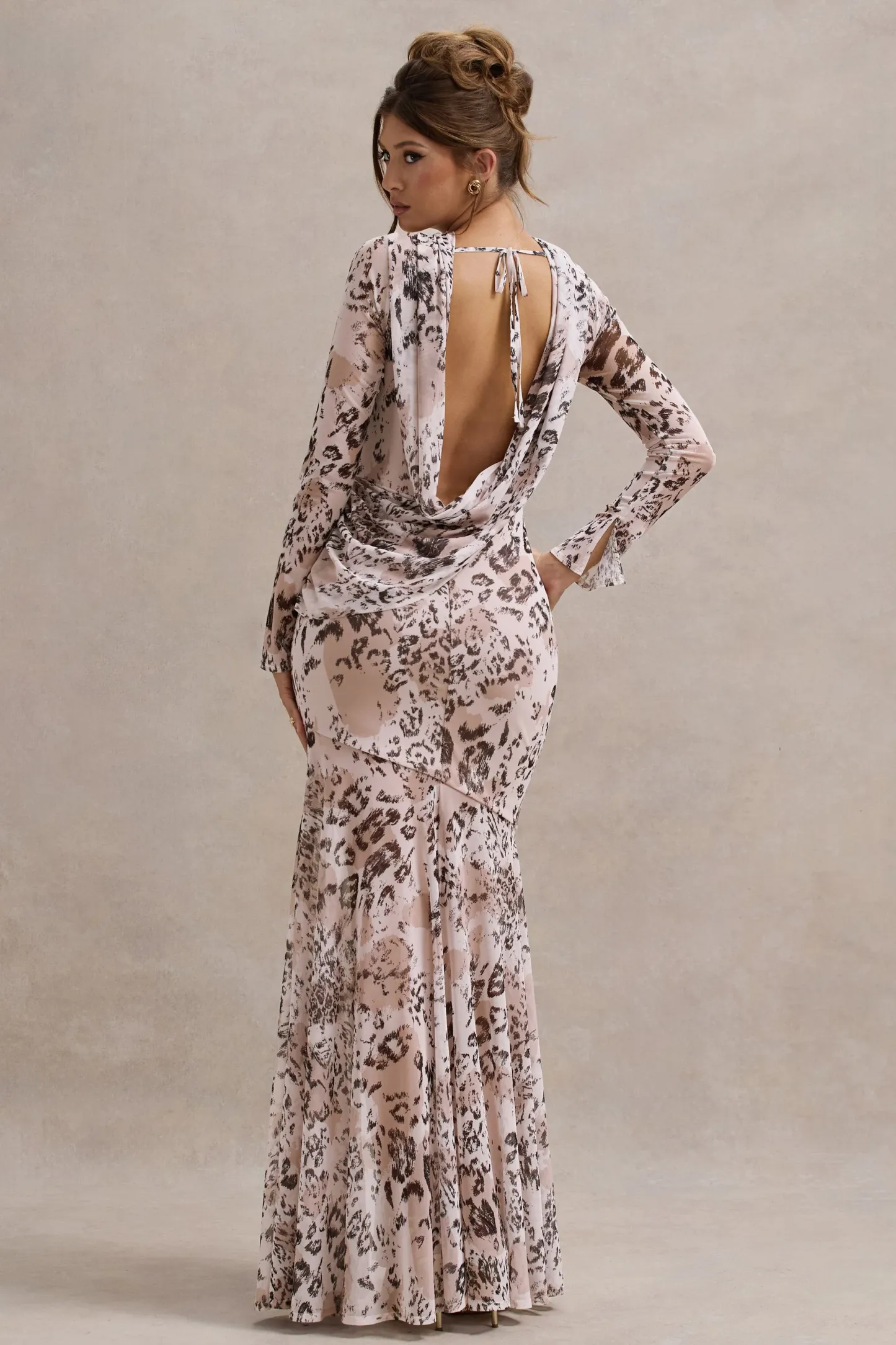 Leopard Print Mesh Long-Sleeve Open-Back Maxi Dress