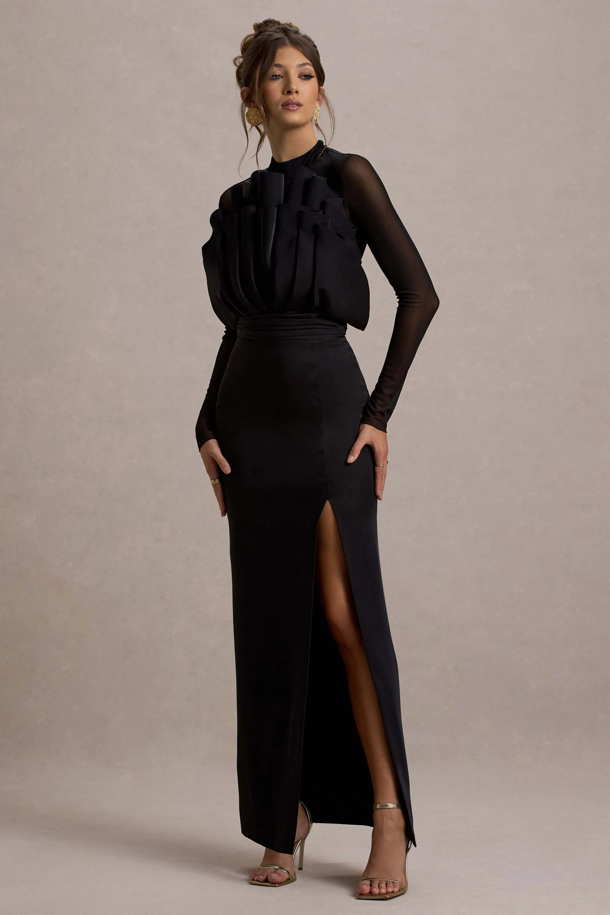 Black Mesh Long-Sleeve Ruffled Split Maxi Dress