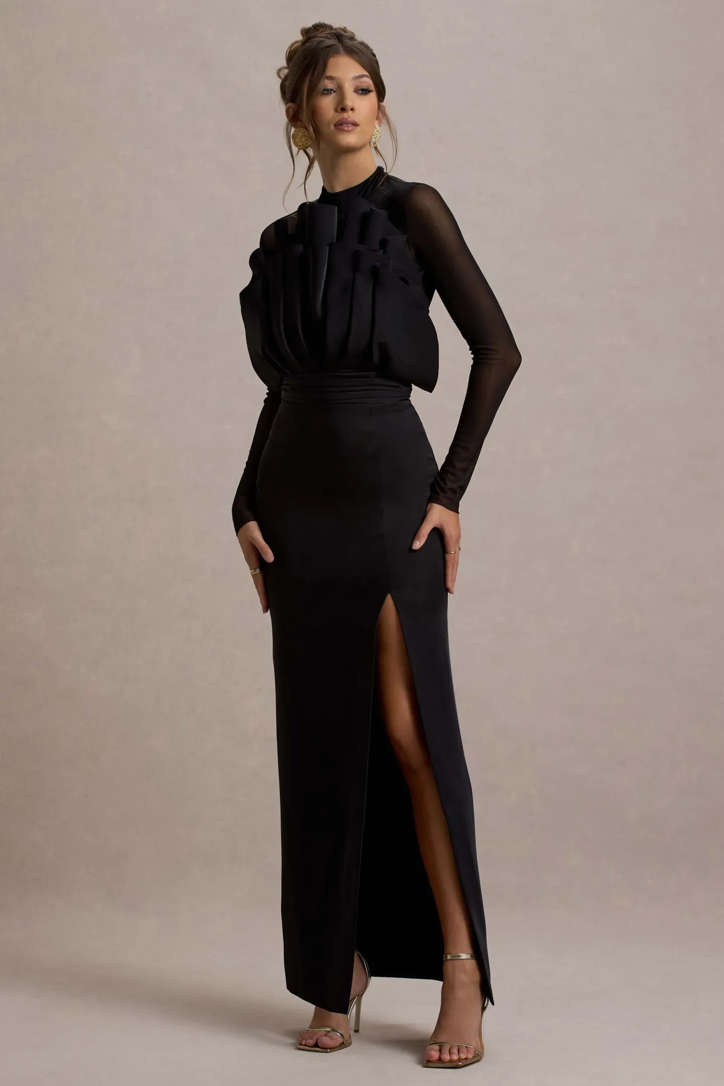 Black Mesh Long-Sleeve Ruffled Split Maxi Dress