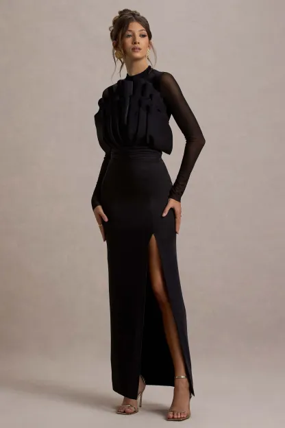 Black Mesh Long-Sleeve Ruffled Split Maxi Dress