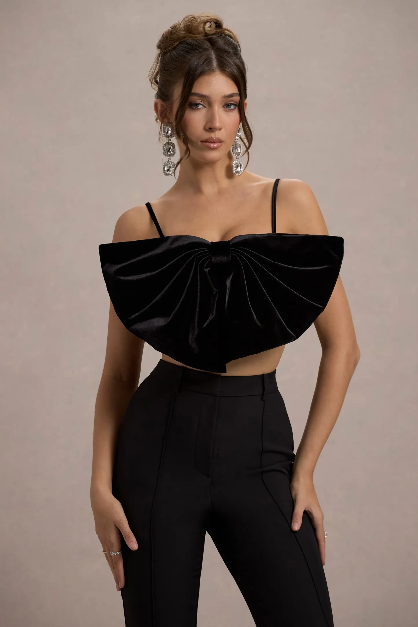 Black Velvet Strappy Bow Crop Top