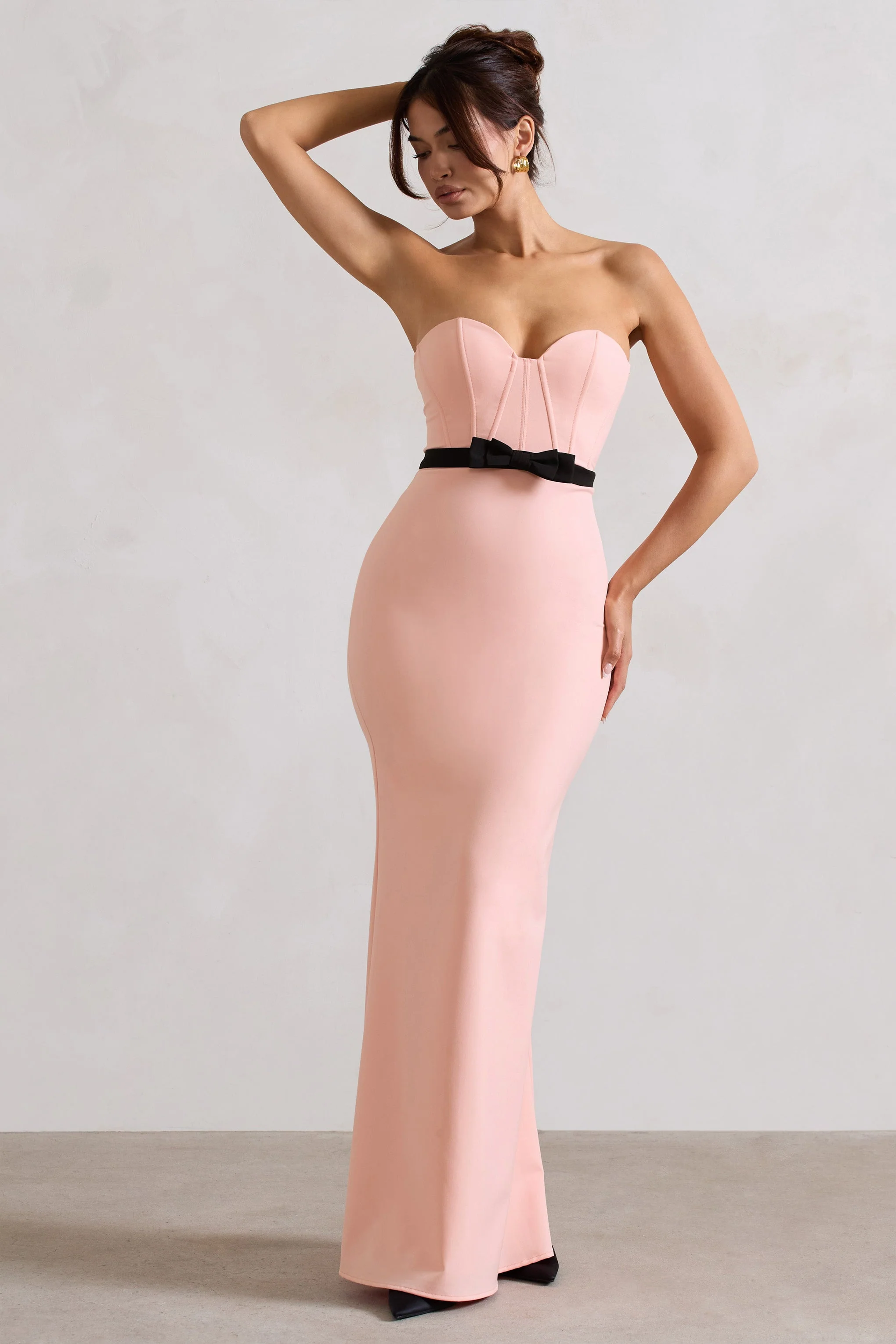 Pink Structured Strapless Corset Maxi Dress With Bow