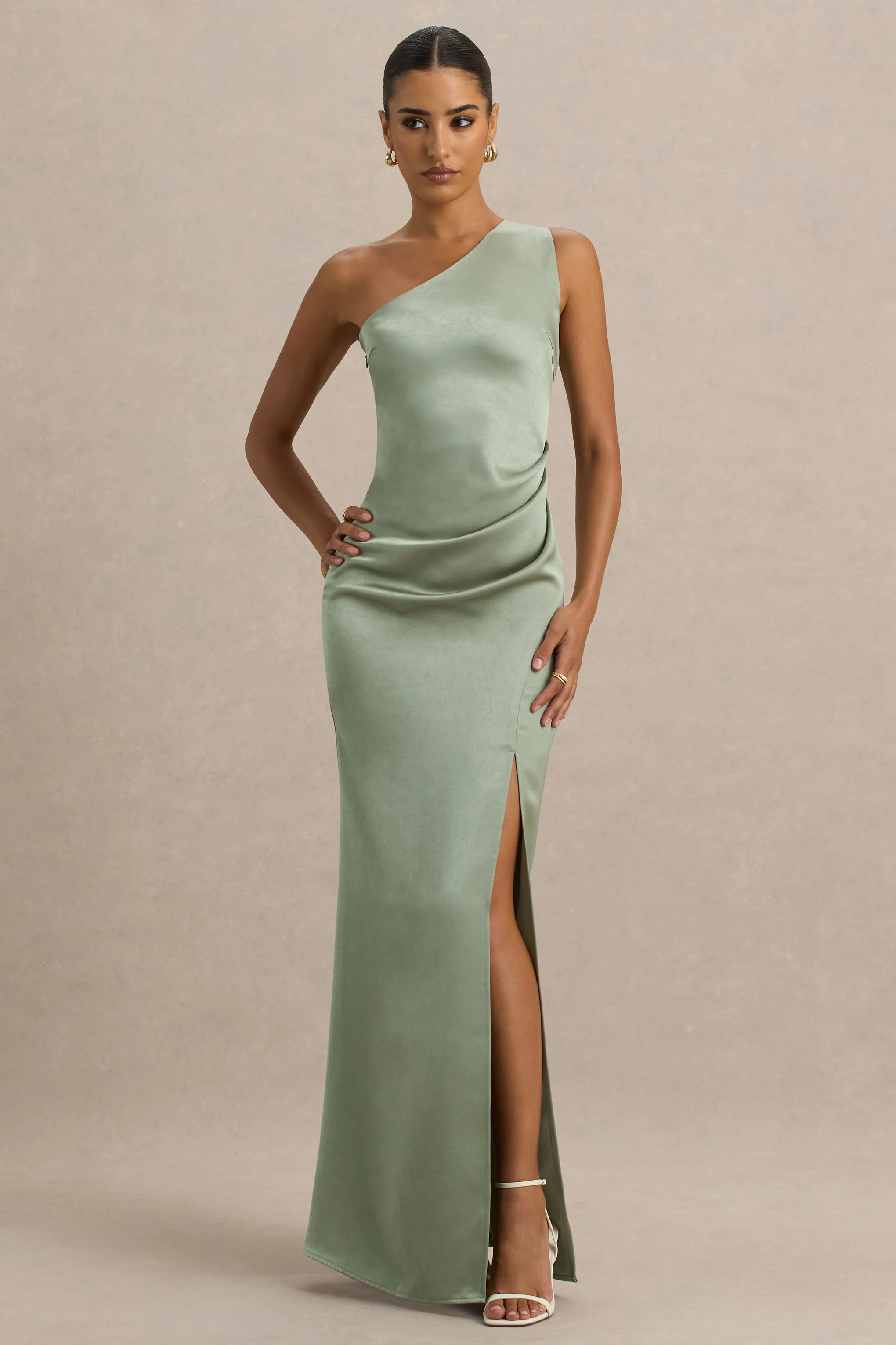 Sage Asymmetric Neckline High-Split Maxi Dress