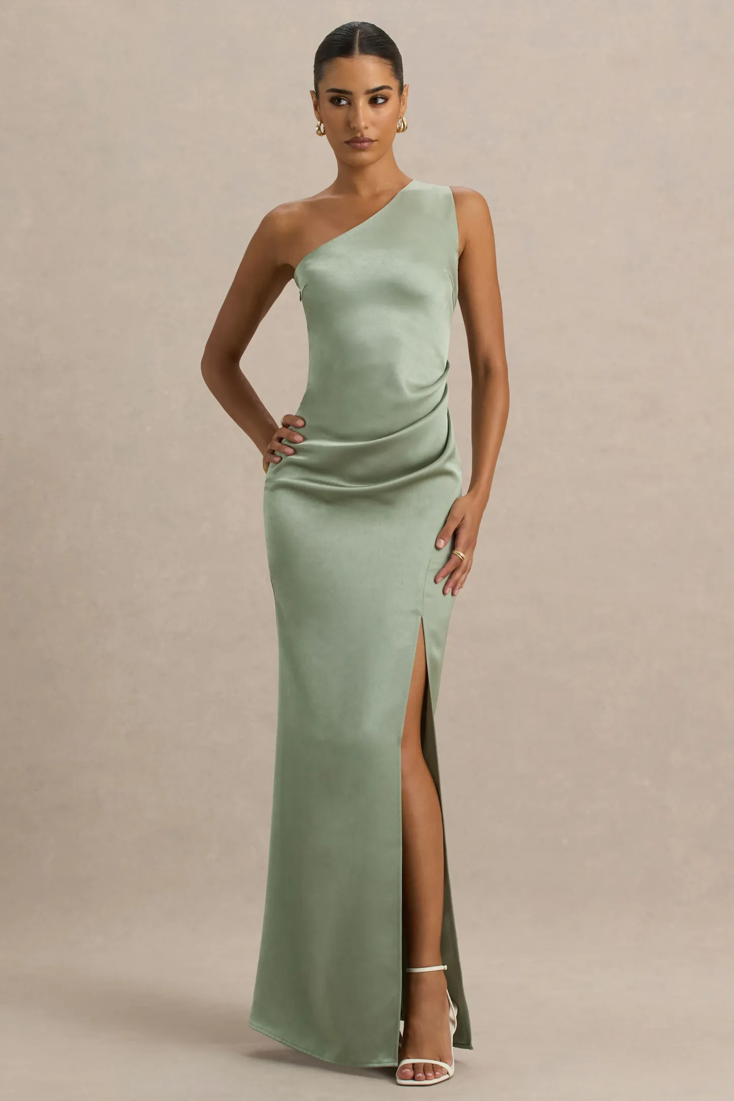 Sage Asymmetric Neckline High-Split Maxi Dress