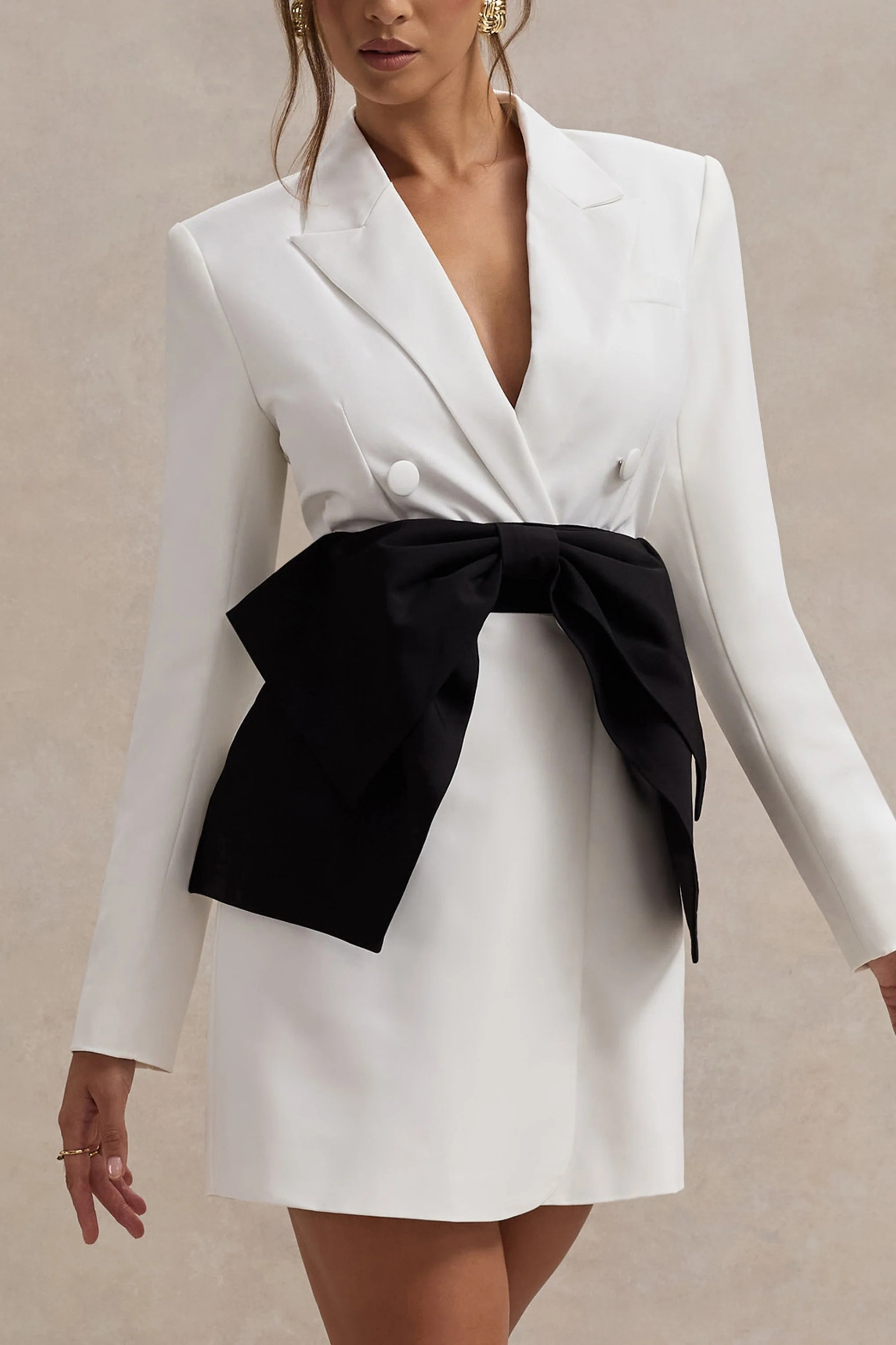 White Tailored Blazer Dress With Black Bow