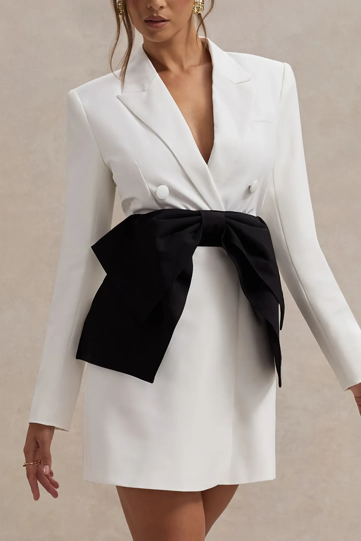 White Tailored Blazer Dress With Black Bow