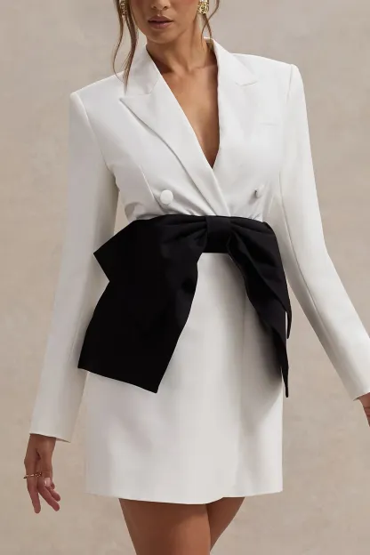 White Tailored Blazer Dress With Black Bow