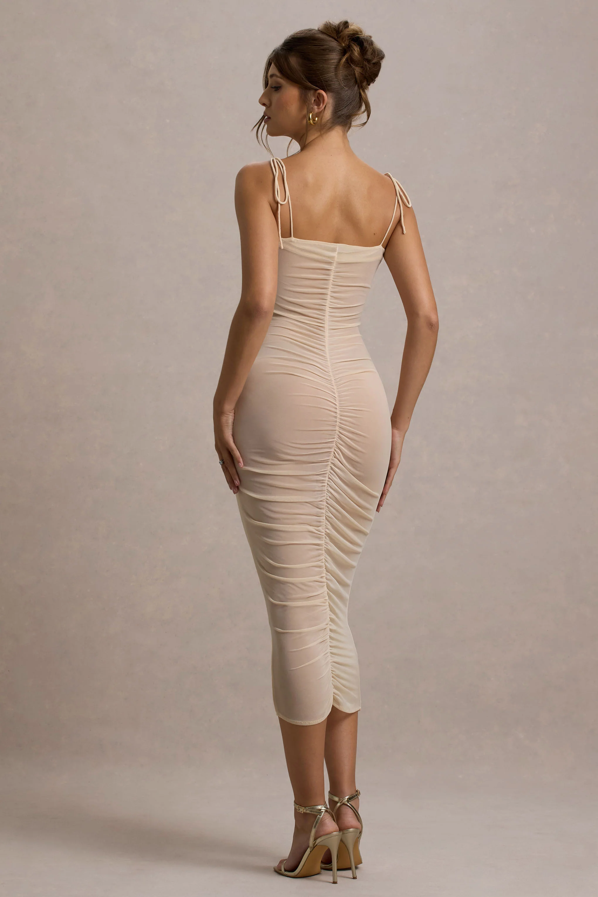 Cream Mesh Ruched Midi Dress With Ruffles