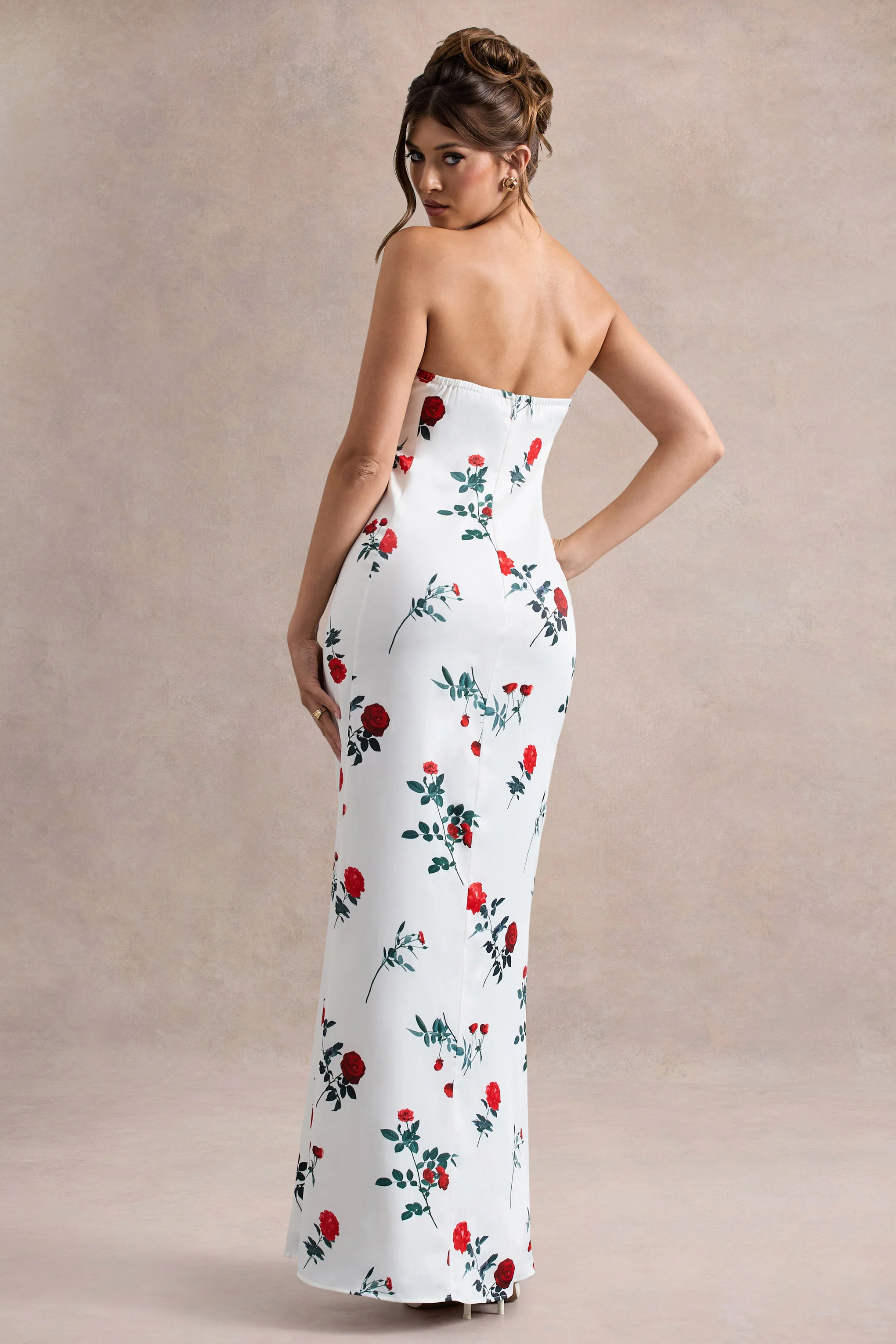 Rose Print Satin Bandeau Maxi Dress