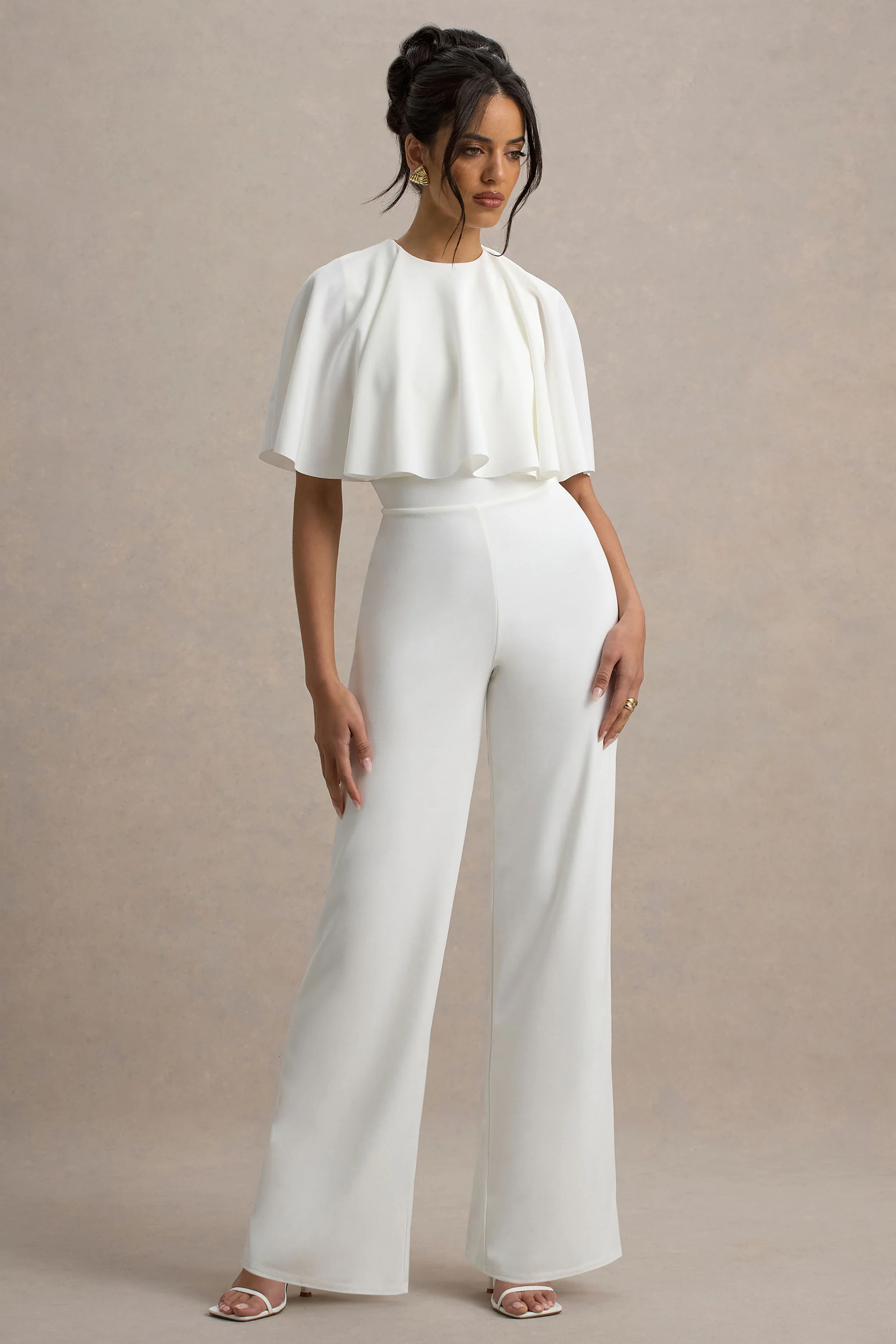 White Straight-Leg Jumpsuit With Cape